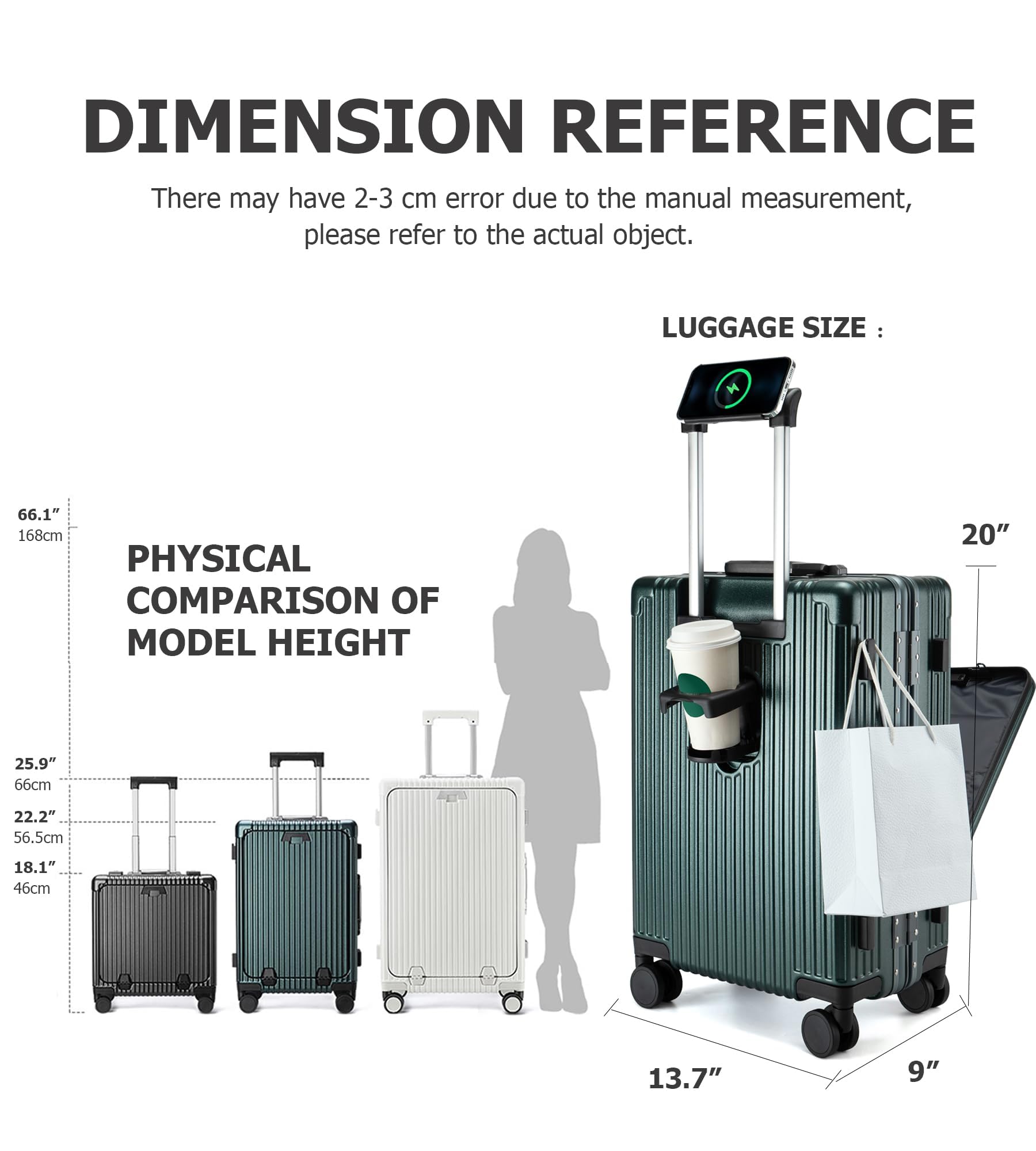 Feilario 20-Inch Aluminum Frame Hardside Spinner Wheel Carry-On Luggage with TSA Lock, USB Charging Port, Cup Holder & Phone Holder - Perfect for Business Travel, Weekend Getaways & Airplane Cabins