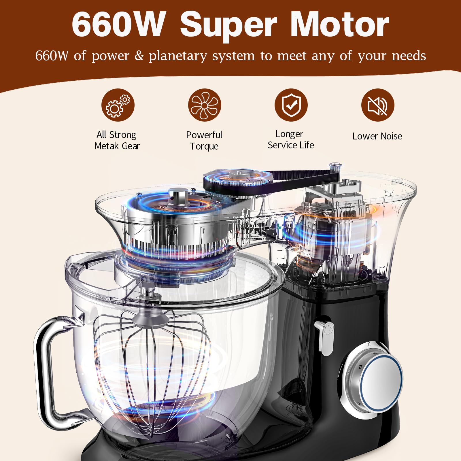 **660W 8.5Qt Stand Mixer - 6+ Speeds Electric Kitchen Mixer with Dough Hook, Flat Beater, Whisk & Splash Guard - Perfect for Baking Bread, Cakes, Cookies, Salad & Eggs (Black)**    *(Use Cases: Ideal for home bakers, pastry chefs, and cooking enthusiasts to effortlessly mix dough, whip cream, blend batters, and prepare delicious homemade meals.)*