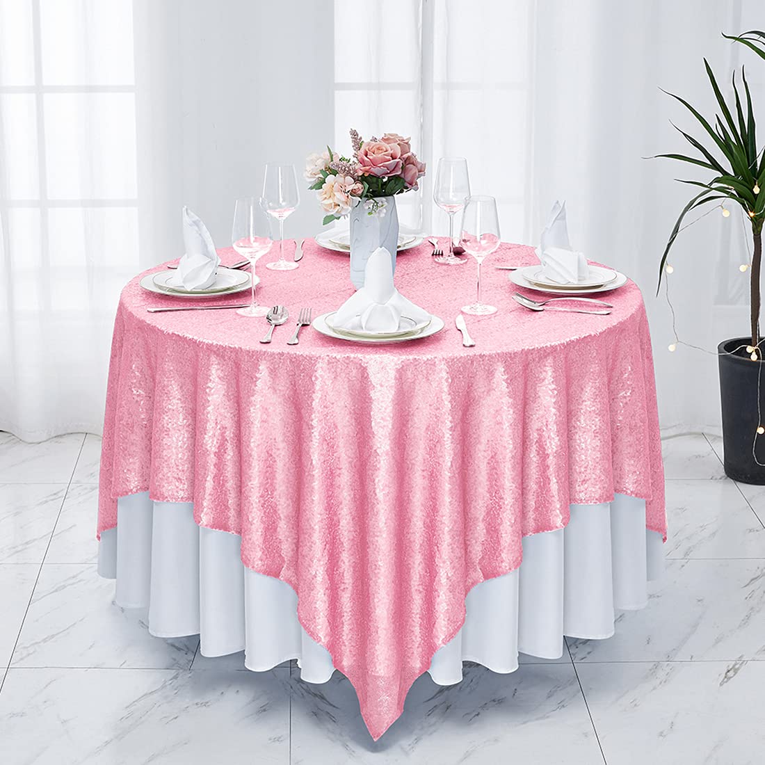 50x50 Inch Pink Square Sequin Tablecloth - Glitter Party Table Cover for Wedding, Bridal Shower, Birthday, Banquet & Dessert Table Decorations | Perfect for Home Decor, Holiday Parties & Special Events