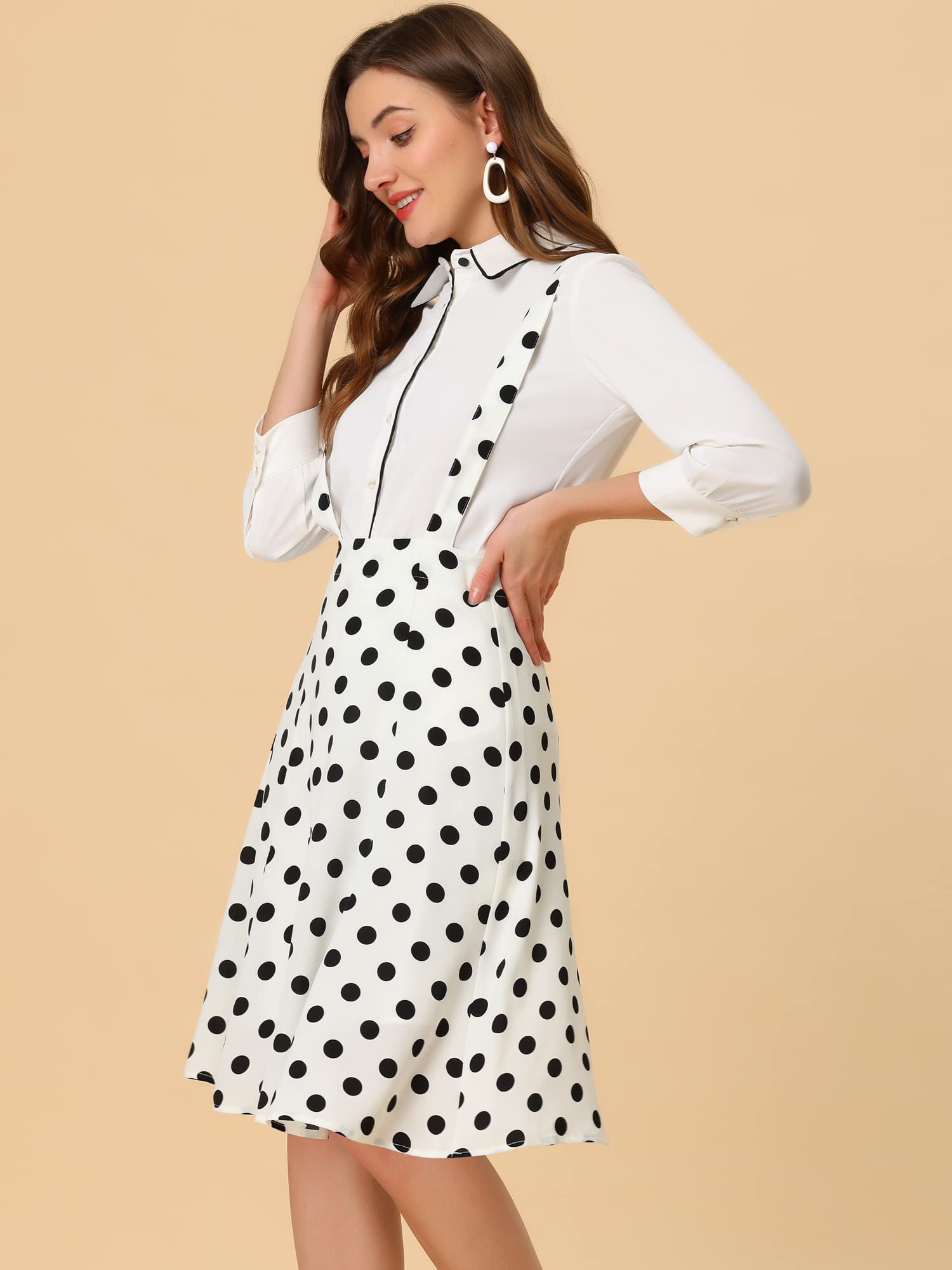 Allegra K Women's Vintage 1950s Polka Dot Suspender Skirt - Flowy Midi Skirt for Retro Style, Pin Up Fashion & Casual Outfits