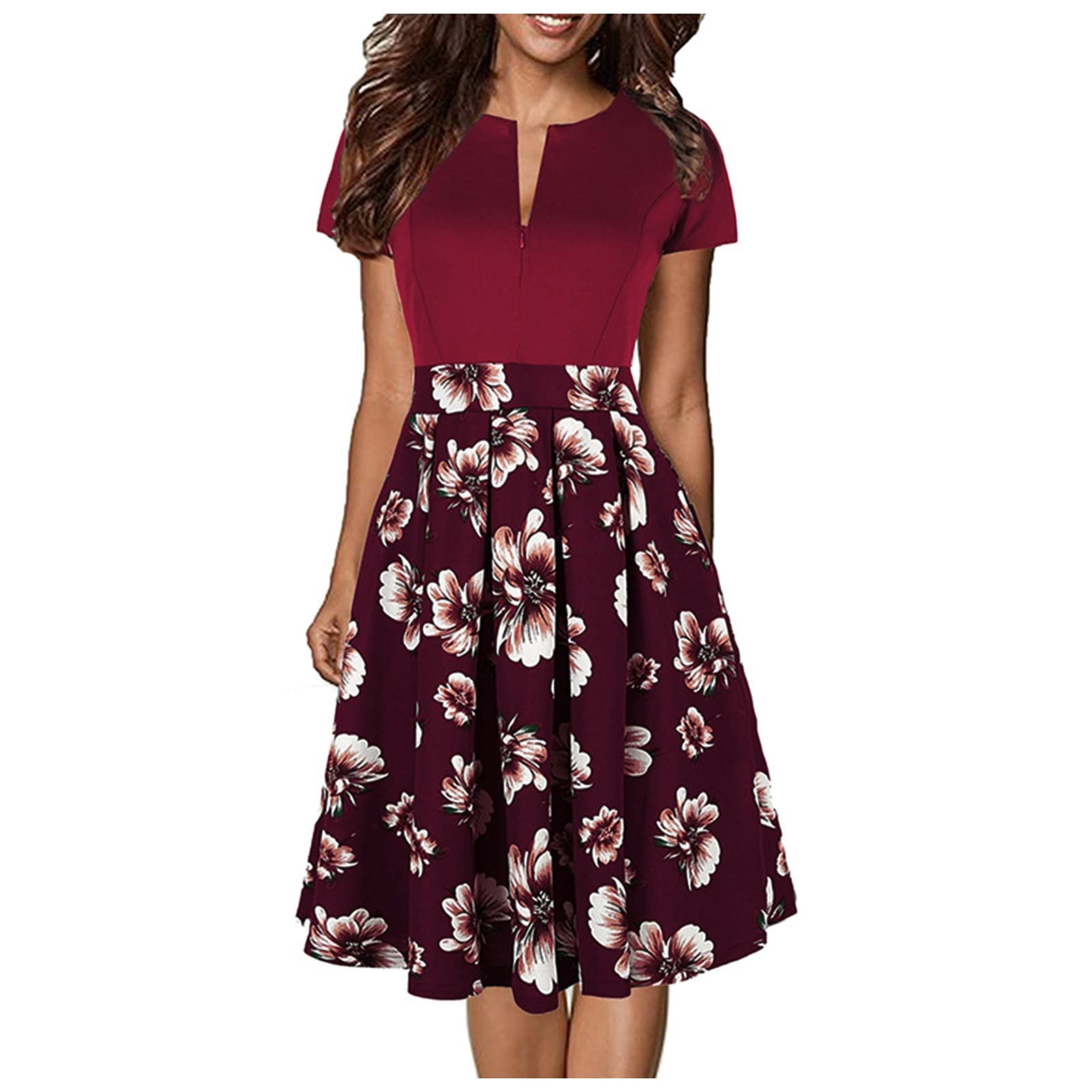 Zzbeans Women's Floral Print Short Sleeve Swing Mini Dress - Summer Casual Beach Party Dress for Vacation, Date Night & Outdoor Events