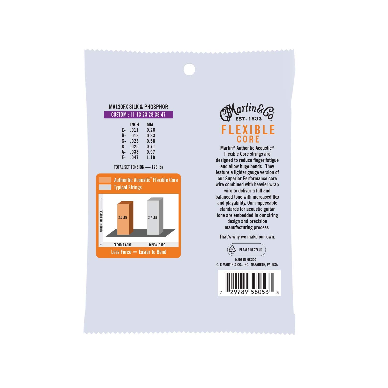 Martin MA130FX Authentic Acoustic Guitar Strings - Phosphor Bronze 92/8, Flexible-Core for Warm Tone & Longevity | Perfect for Folk, Bluegrass & Studio Recording