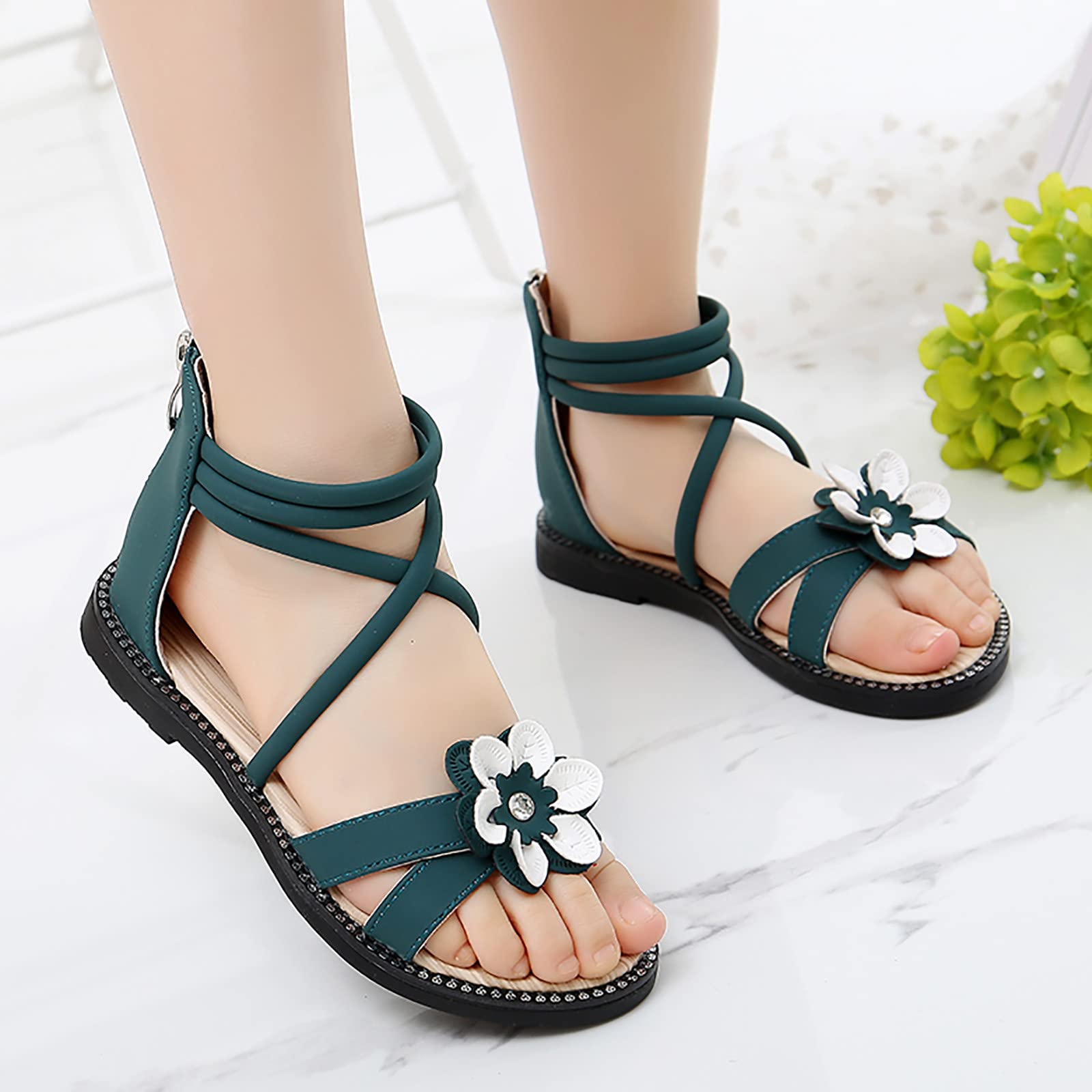 EnJoCho Girls Flower Sandals - Princess Dance Shoes for Toddlers (Green, Size 28) - Perfect for Parties & Playtime