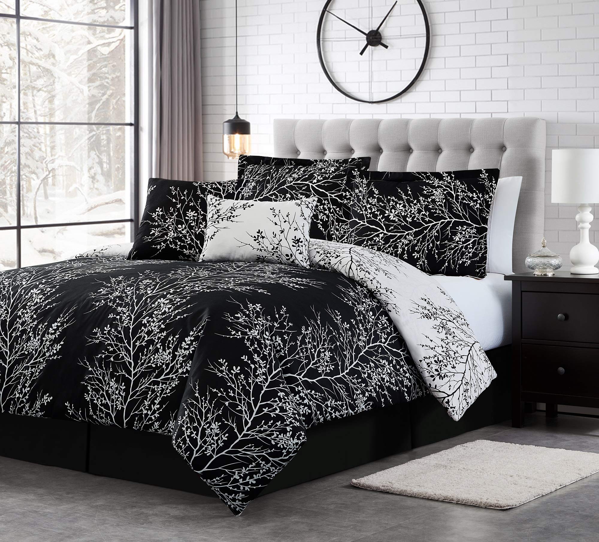 Spirit Linen 6-Piece Queen Comforter Set - Ultra Soft Microfiber Bedding with Elegant Foliage Design - Includes Comforter & Pillow Shams - Perfect for Master Bedroom, Guest Room or Dorm (Black, Queen Size)