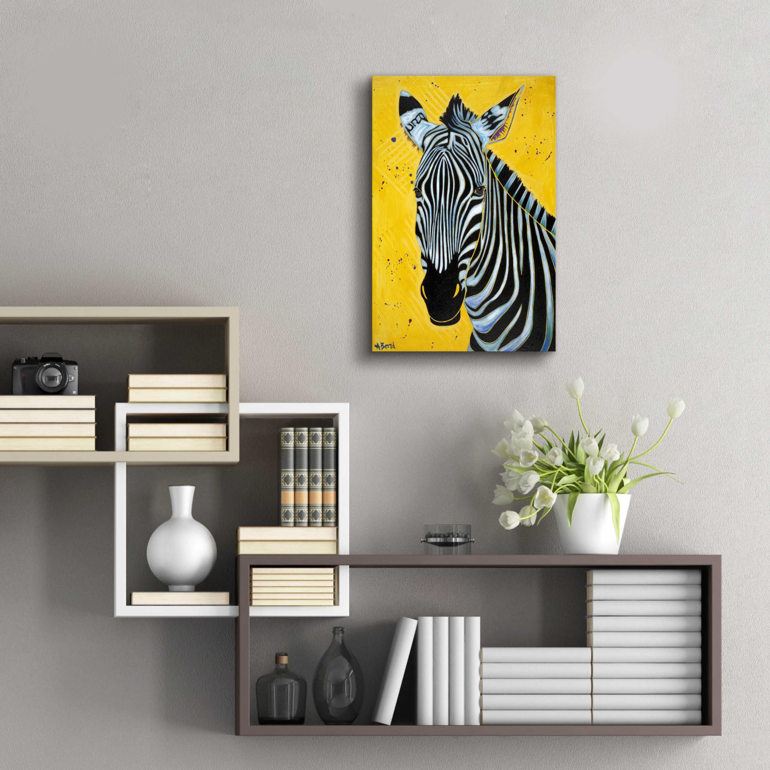 Angela Bond 'Zebra' Acrylic Glass Wall Art - 16x24 Inches Modern Animal Print Painting for Living Room, Bedroom & Office Decor