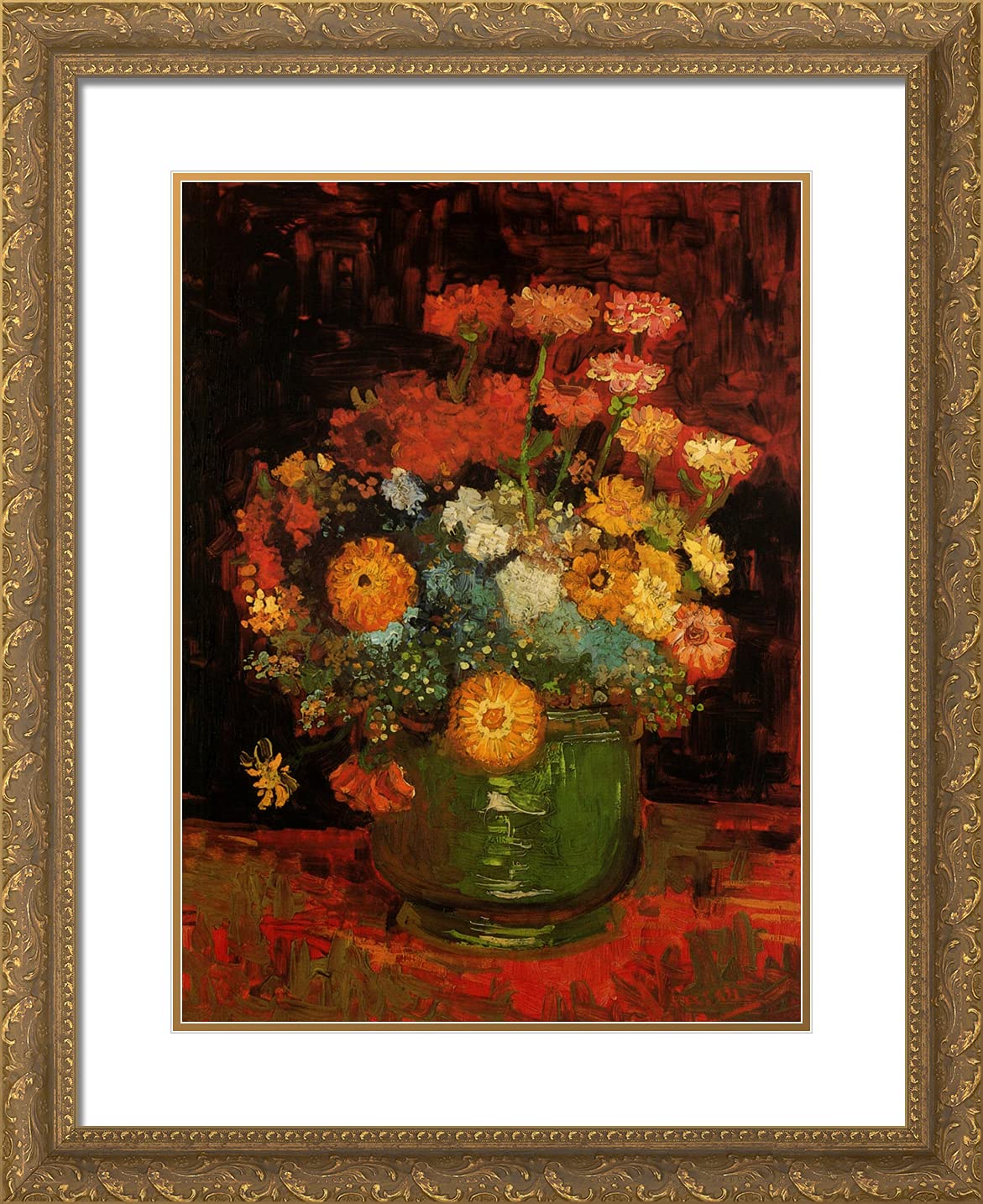 Van Gogh Vase With Zinnias 20x24 Gold Ornate Framed Art Print - Premium Double Matting Wall Decor for Living Room, Bedroom & Office