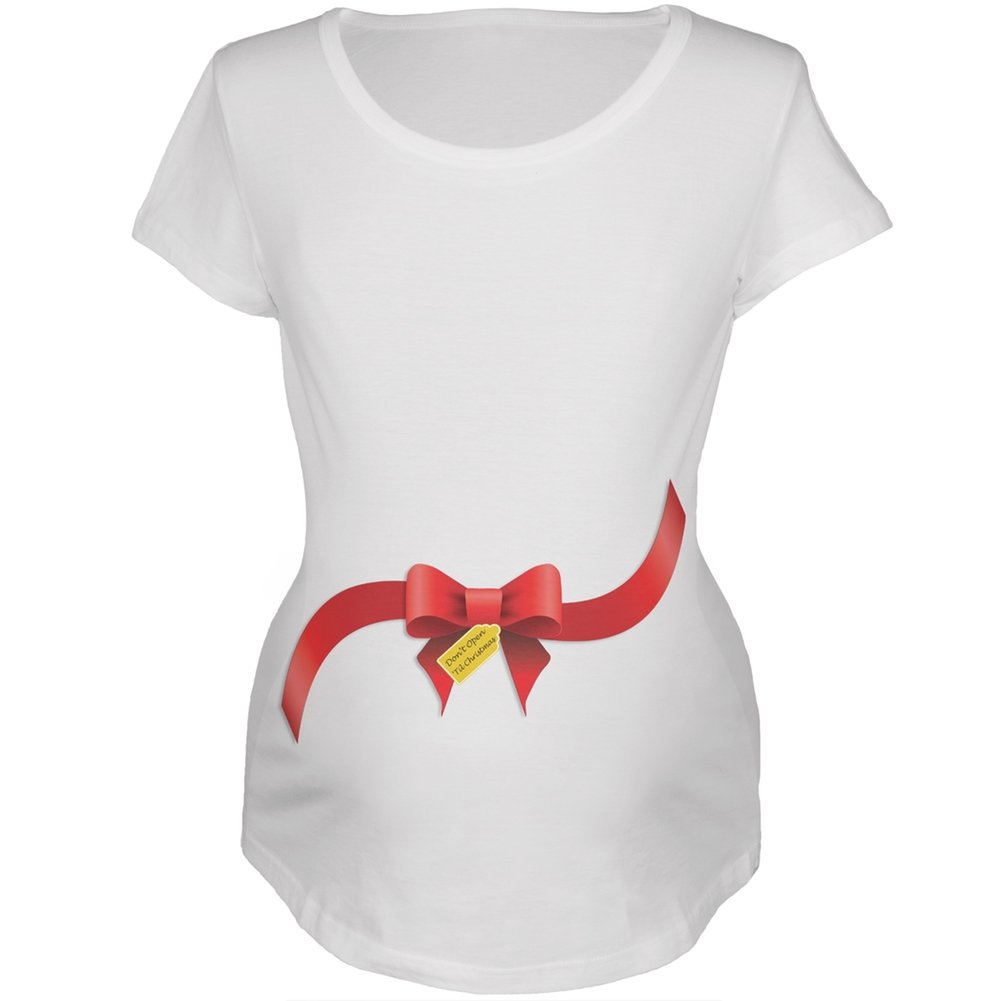 Old Glory Don't Open 'Til Christmas Bow White Maternity T-Shirt - Festive Pregnancy Apparel for Christmas Morning & Holiday Photos
