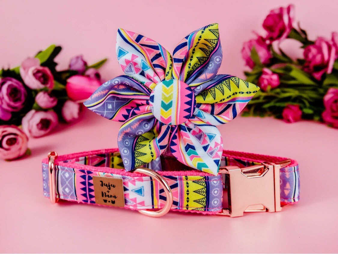 **Pink Aztec Dog Collar and Leash Set with Flower Design - Perfect for Small & Medium Dogs, Fashionable Pet Accessories for Walks, Training & Outdoor Adventures**