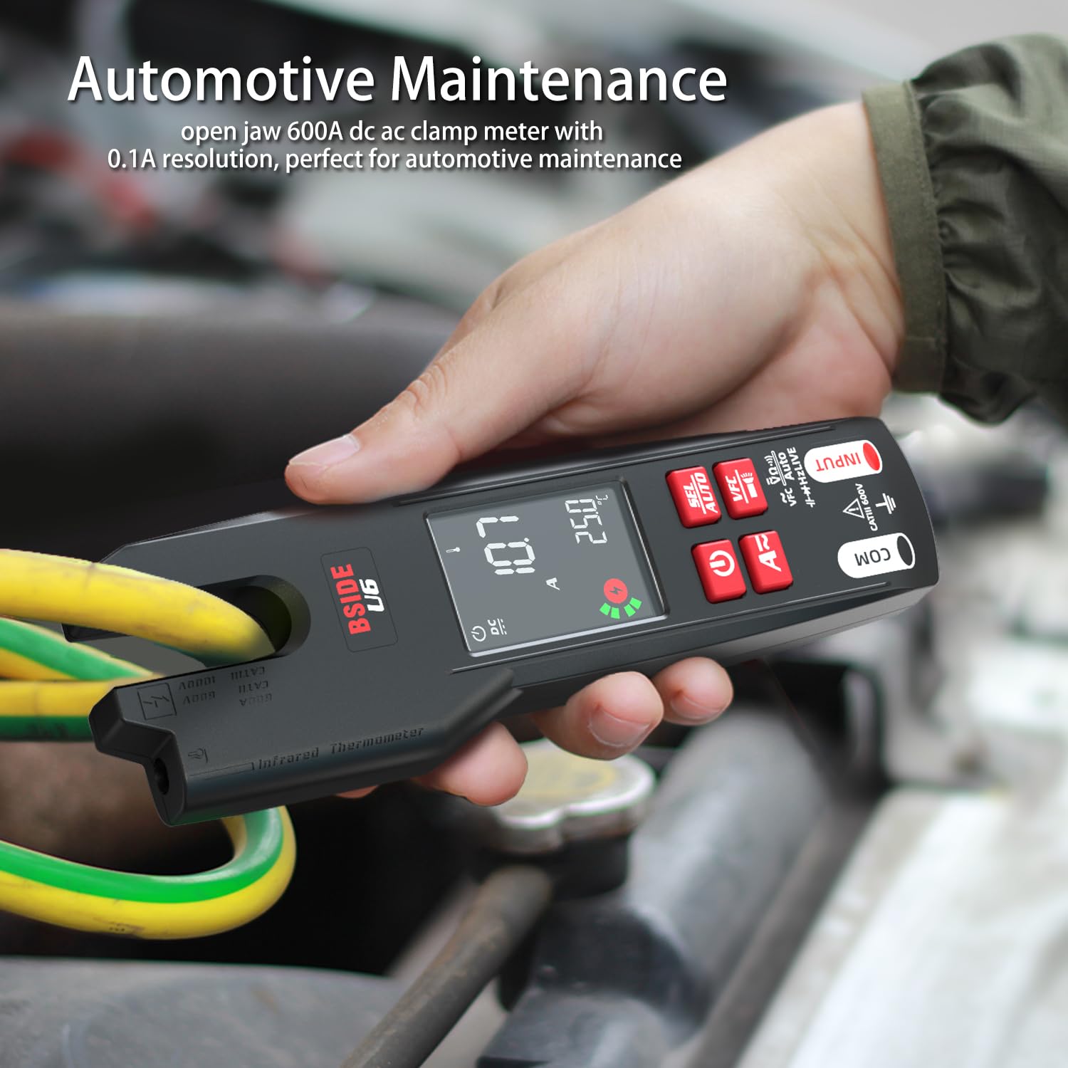 BSIDE Digital Clamp Meter - 9999 Counts Multimeter with AC/DC Current Tester, Infrared Thermometer, VFC Capacitance & Diode Check - Rechargeable Battery for Home Electrical Repair, HVAC & Automotive Diagnostics