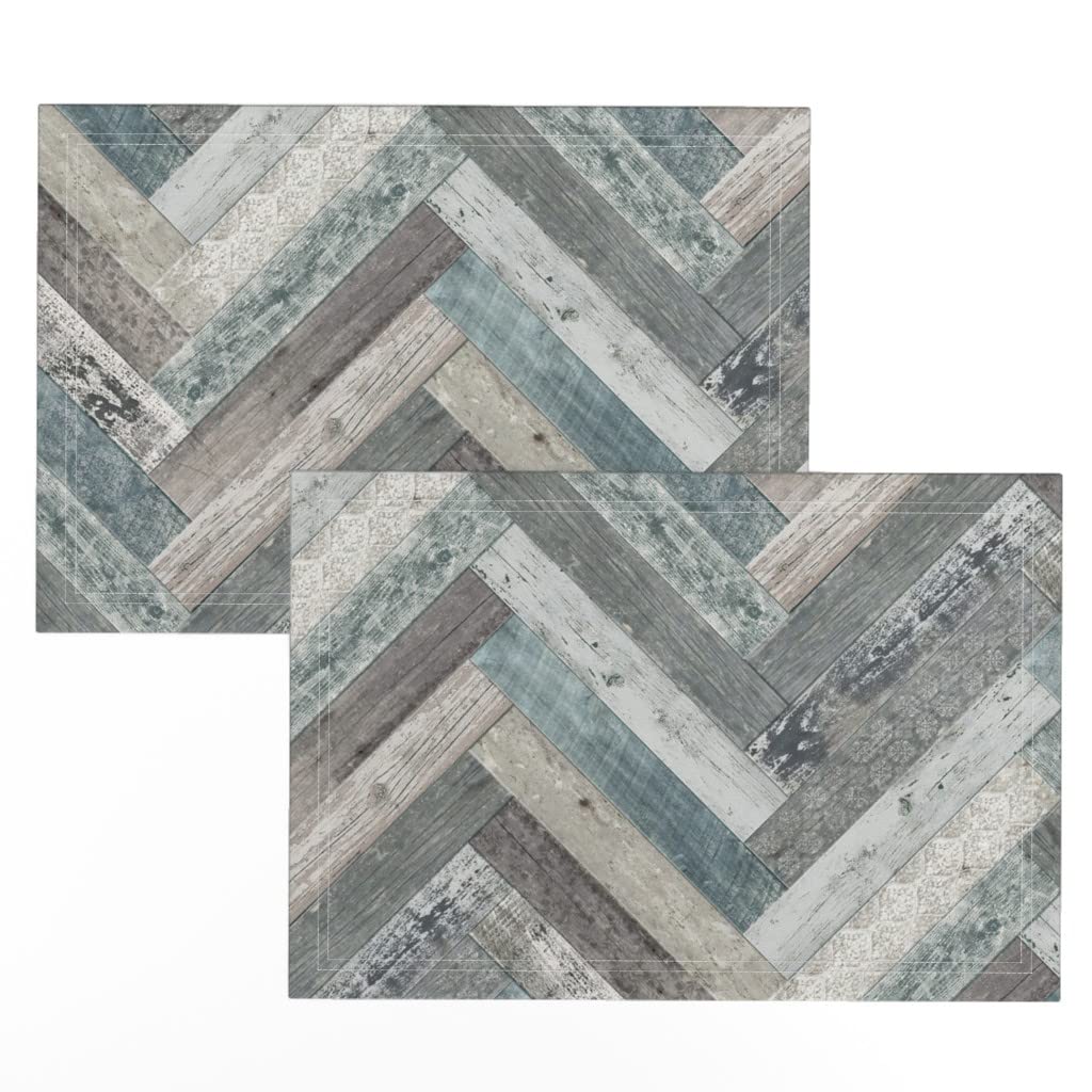 Premium Linen Cotton Canvas Placemats Set of 2 - Rustic Farmhouse Style with Woodgrain & Herringbone Patterns - Vintage Look Table Mats for Dining Room Decor, Kitchen Table Setting, and Holiday Entertaining