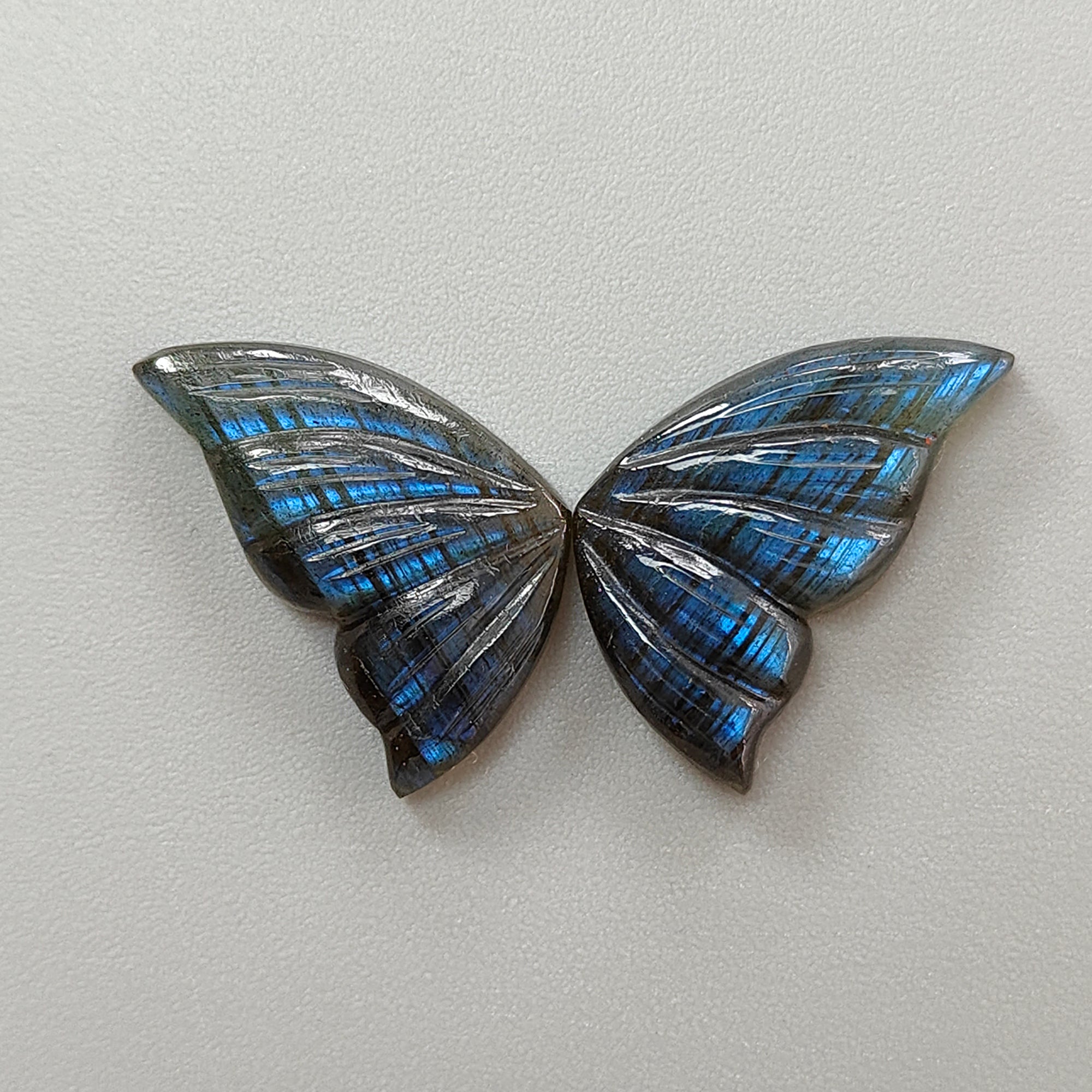 Natural Untreated Blue Labradorite Gemstone Carving - Rainbow Flashing Hand Carved Butterfly Pair, February Birthstone for Jewelry Making, Gift & Home Decor