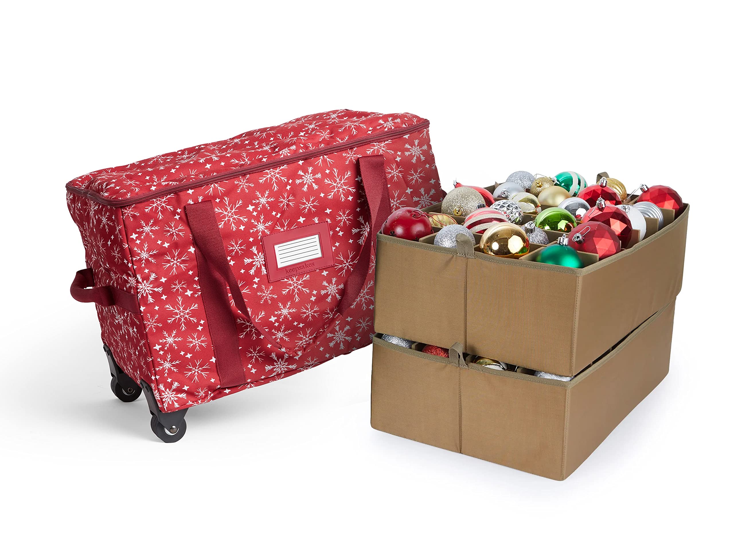 Covermates Keepsakes Rolling Adjustable Ornament Storage Bag with Carrying Handles, Padded Protection & Dual Wheels - Holiday Decoration Organizer for Christmas Tree Ornaments (Red Snowflake Design) - Perfect for Seasonal Storage and Home Organization