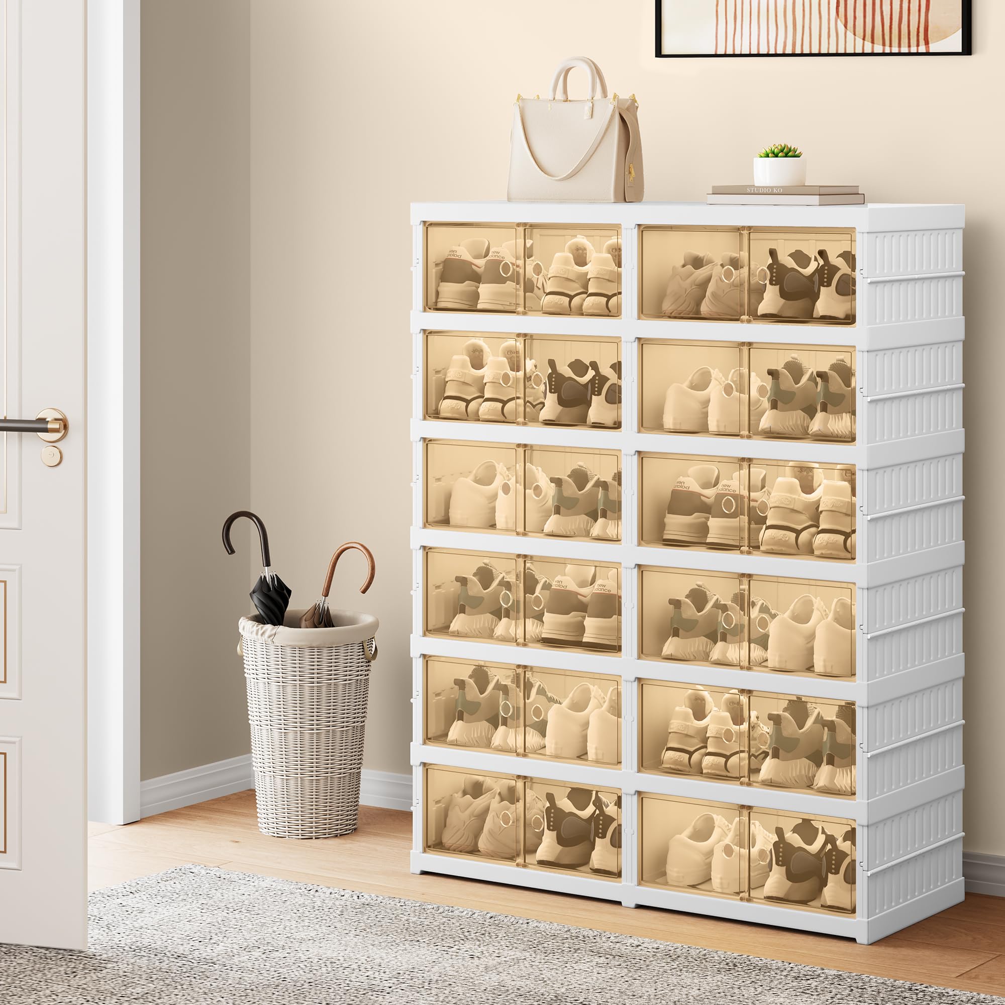 YITAHOME 6-Tier 24-Pair No Assembly Shoe Storage Box - Foldable Shoe Organizer with Magnetic Doors, Collapsible Shoe Rack Cabinet for Sneakers & Footwear - Perfect for Entryway, Closet, Living Room & Bedroom Organization (White)