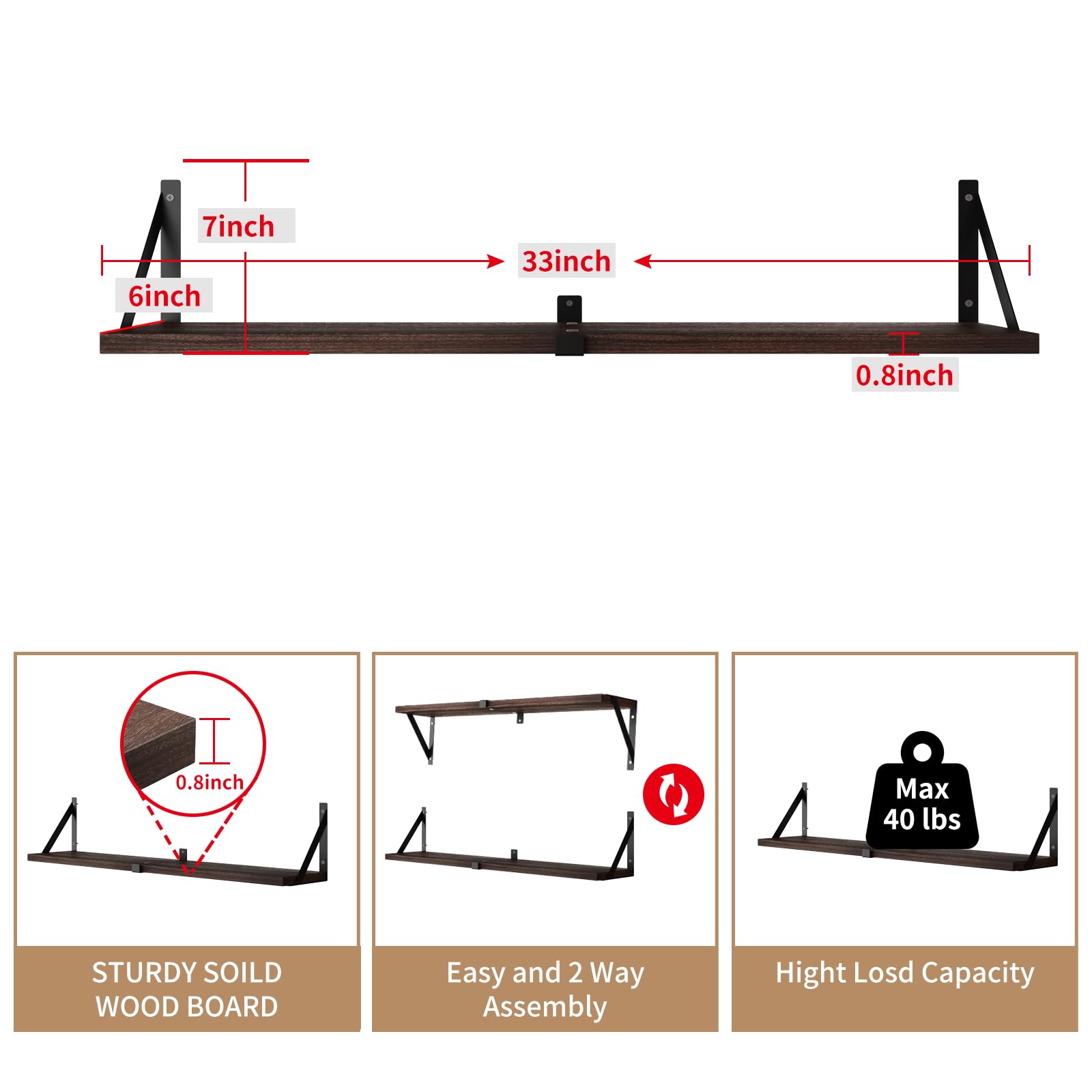 Floating Bookshelf Set of 3 - 33 Inch Wall Mounted Shelves for Living Room, Kitchen, Bathroom & Bedroom - Dark Brown Wooden Shelves for Home Organization & Decor - Perfect for Books, Plants & Decorative Display