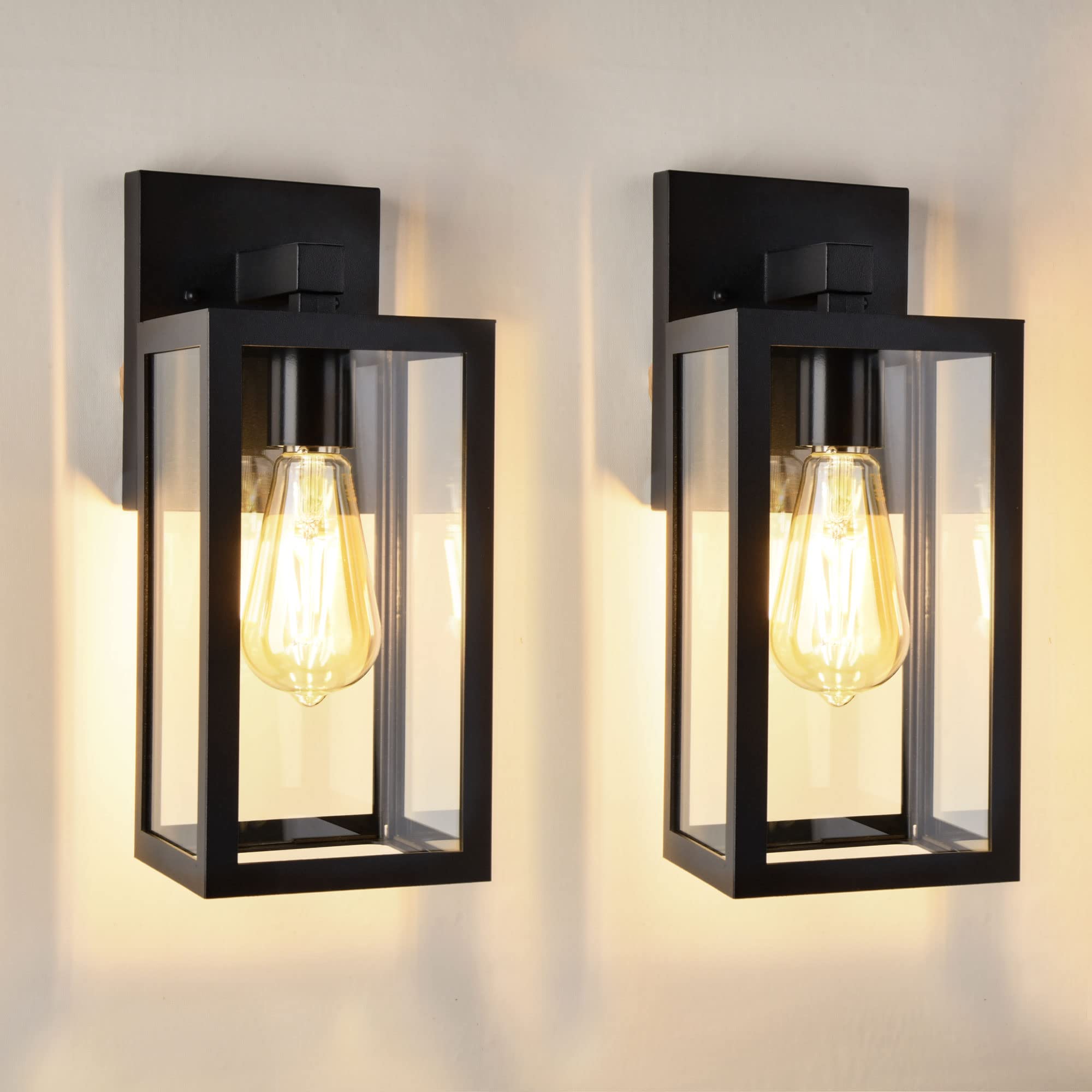 Outdoor Wall Lantern Lights - Matte Black Aluminum Sconce with Clear Glass Shade, E26 Bulb Base (2 Pack) - Perfect for House Patio, Porch, Garage Doorway & Exterior Wall Lighting