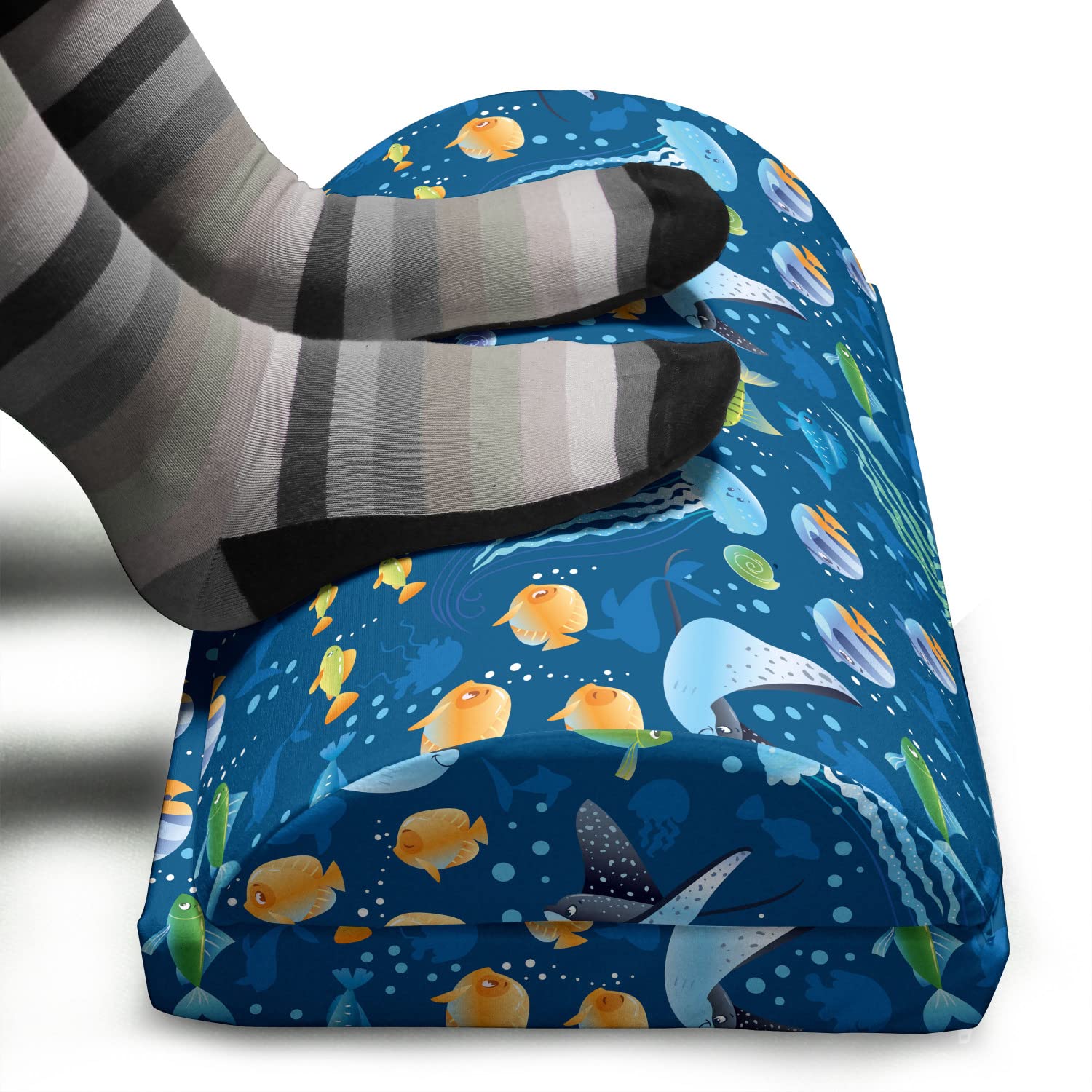 Ambesonne Under The Sea Memory Foam Foot Rest with Fish & Turtle Design - Non-Slip Ergonomic Leg Support for Office & Home Use - Dark Sky Blue Multicolor - Perfect for Work Desks, Gaming Chairs & Relaxation