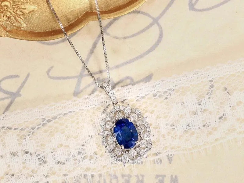18K White Gold Blue Sapphire Pendant Necklace for Women - Natural Gemstone Diamond Jewelry, Classic & Elegant Gift for Birthday, Anniversary & Special Occasions