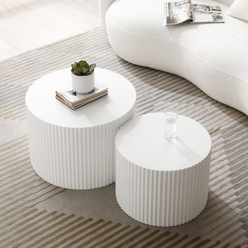 Modern White Round Nesting Coffee Table Set of 2 - Fluted Side Tables with Contemporary Circle Design for Living Room, Office - Perfect for Small Spaces, Coffee Corner & Lounge Areas