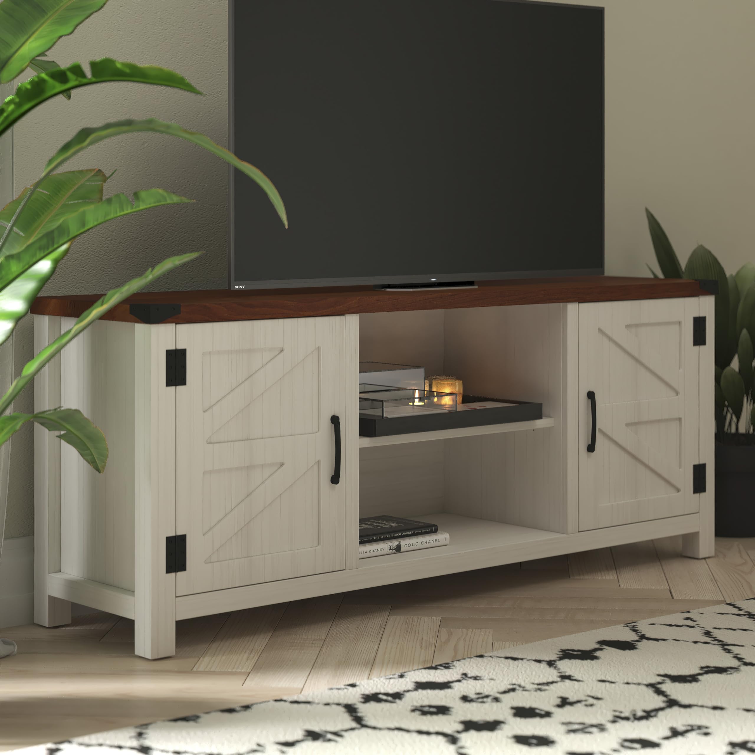 Modern Farmhouse Barn Door TV Stand - White Wash 59 Inch Entertainment Center for 65 Inch TVs - Adjustable Middle Shelf - Perfect for Living Room, Bedroom & Home Theater Decor