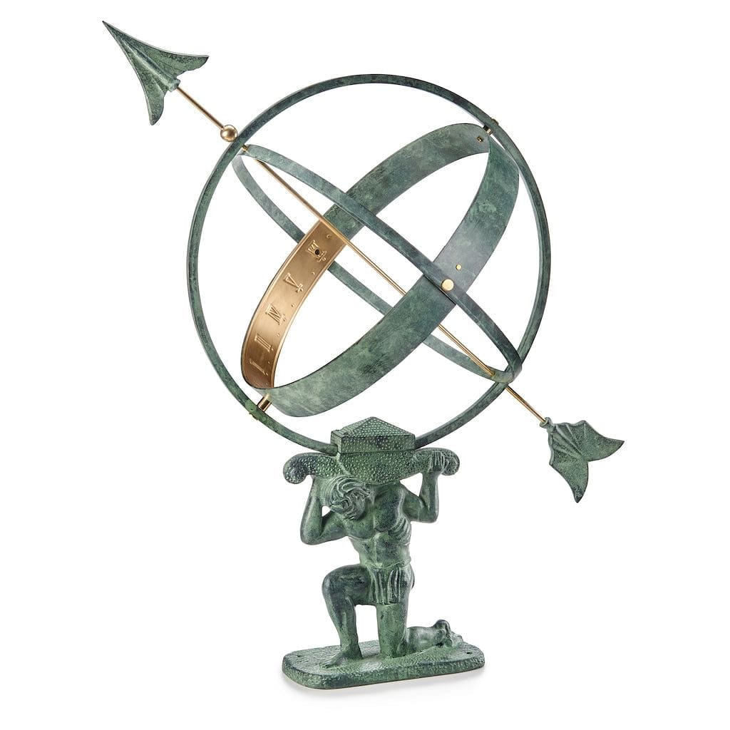 28 Inch Verdigris Atlas Armillary Sundial with Brass Accents – Outdoor Garden Decor, Patio & Yard Ornament for Classic Elegance