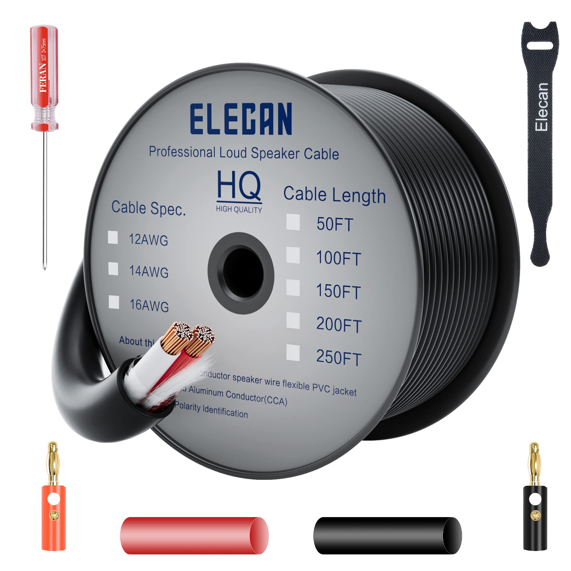 Elecan Pro Series 14/2 AWG Outdoor Speaker Wire Cable - 100 Ft 14 Gauge Direct Burial CL2/CL3 Rated - PVC Jacket & Cotton Braid for Home Theater, Car Audio, Stereo Systems - Black - Perfect for Outdoor Speakers, Garden Audio & Home Entertainment Setup