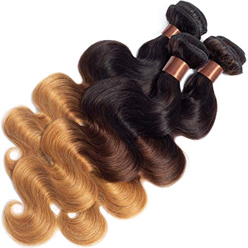 BLACKMOON HAIR Brazilian Virgin Ombre Body Wave Hair Weave - 3 Bundles Unprocessed Human Hair Extensions (14 16 18 Inches) T1B/4/27 - Perfect for Salon Styling, Everyday Wear & Special Occasions