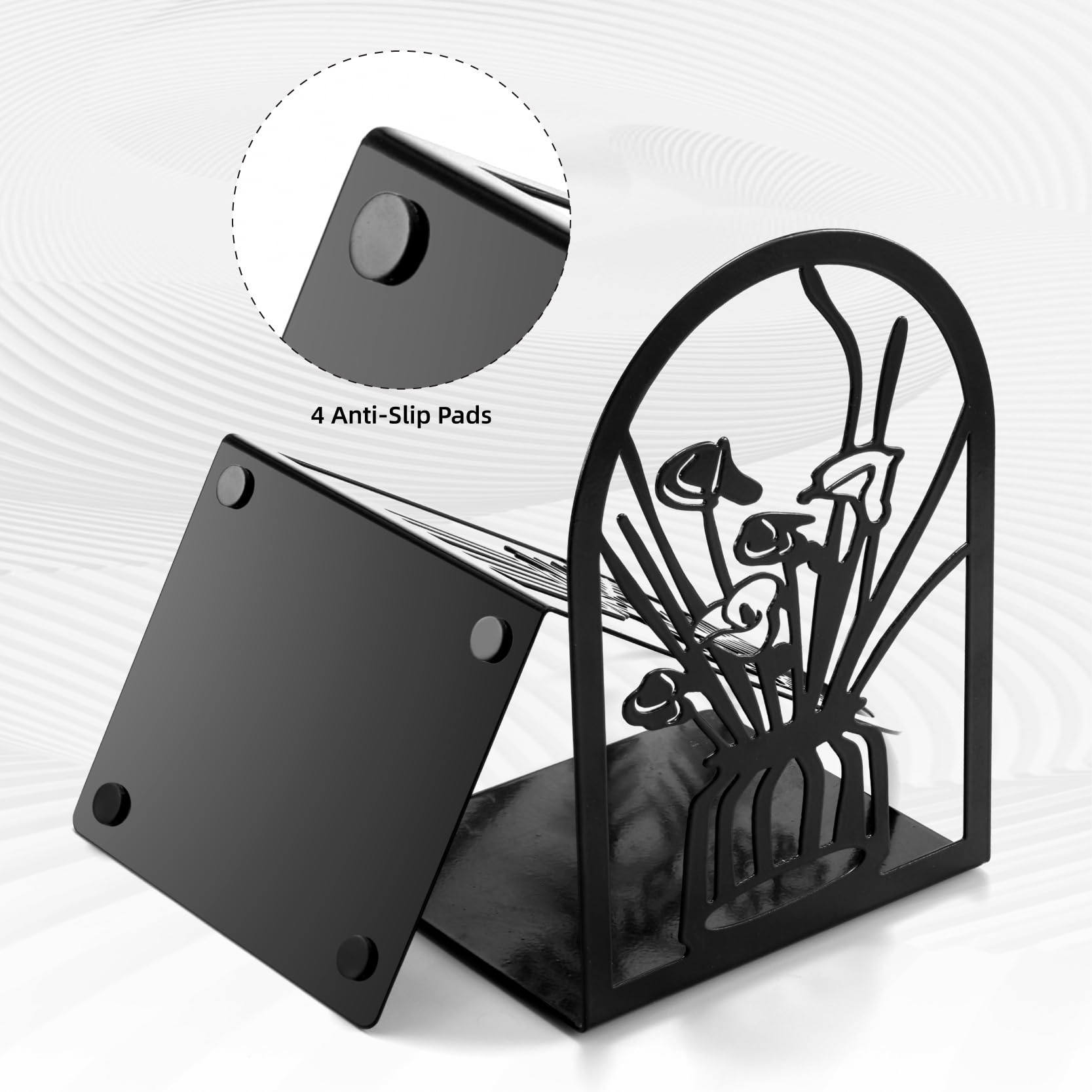 Metal Bookends for Heavy Books - 2 Pairs Flower Design for Shelves & Home Office Decor