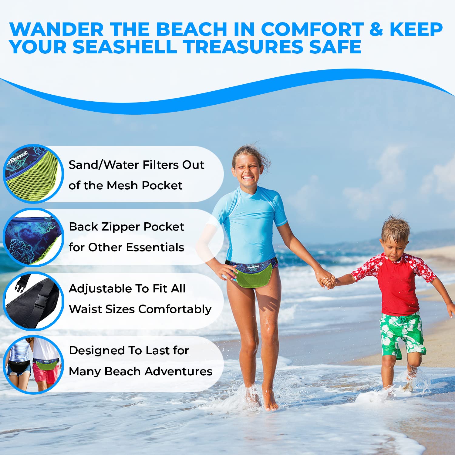 Sand Dipper Seashell Fanny Pack for Women & Men - Adjustable Waist & Crossbody Beach Bag with Front Mesh & Hidden Zipper Pockets - Perfect for Shell Collecting, Beachcombing & Outdoor Adventures - Neon Color