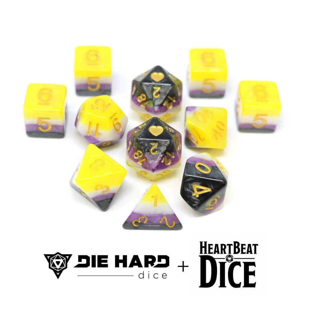 11-Piece Heartbeat Dice Set - Non-Binary Pride Dice for D&D, RPGs, and Tabletop Gaming | Perfect for LGBTQ+ Gamers and Allies
