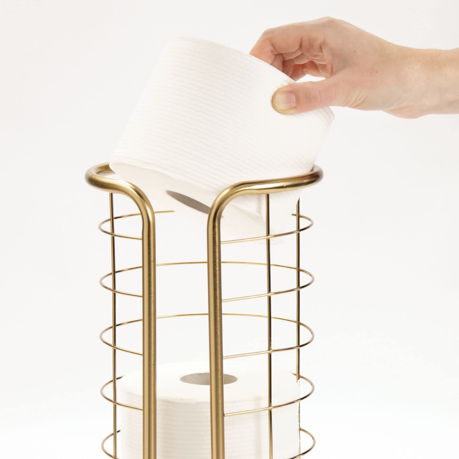 mDesign Metal Toilet Paper Holder Stand - Freestanding Bathroom Tissue Storage for 3 Rolls - Modern Floor Toilet Paper Dispenser - Omni Collection in Soft Brass - Perfect for Bathroom, Guest Room, and Office Use