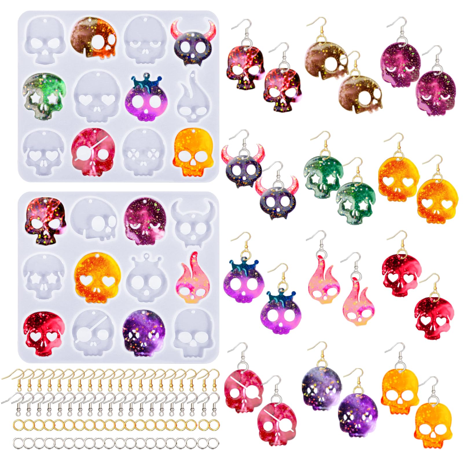 82 PCS Halloween Skull Earring Molds Kit with Holes - 12 Pairs Silicone Resin Molds & 40 Earring Hooks for DIY Jewelry Making - Perfect for Halloween Decorations, Pendants, Keychains & Costume Accessories