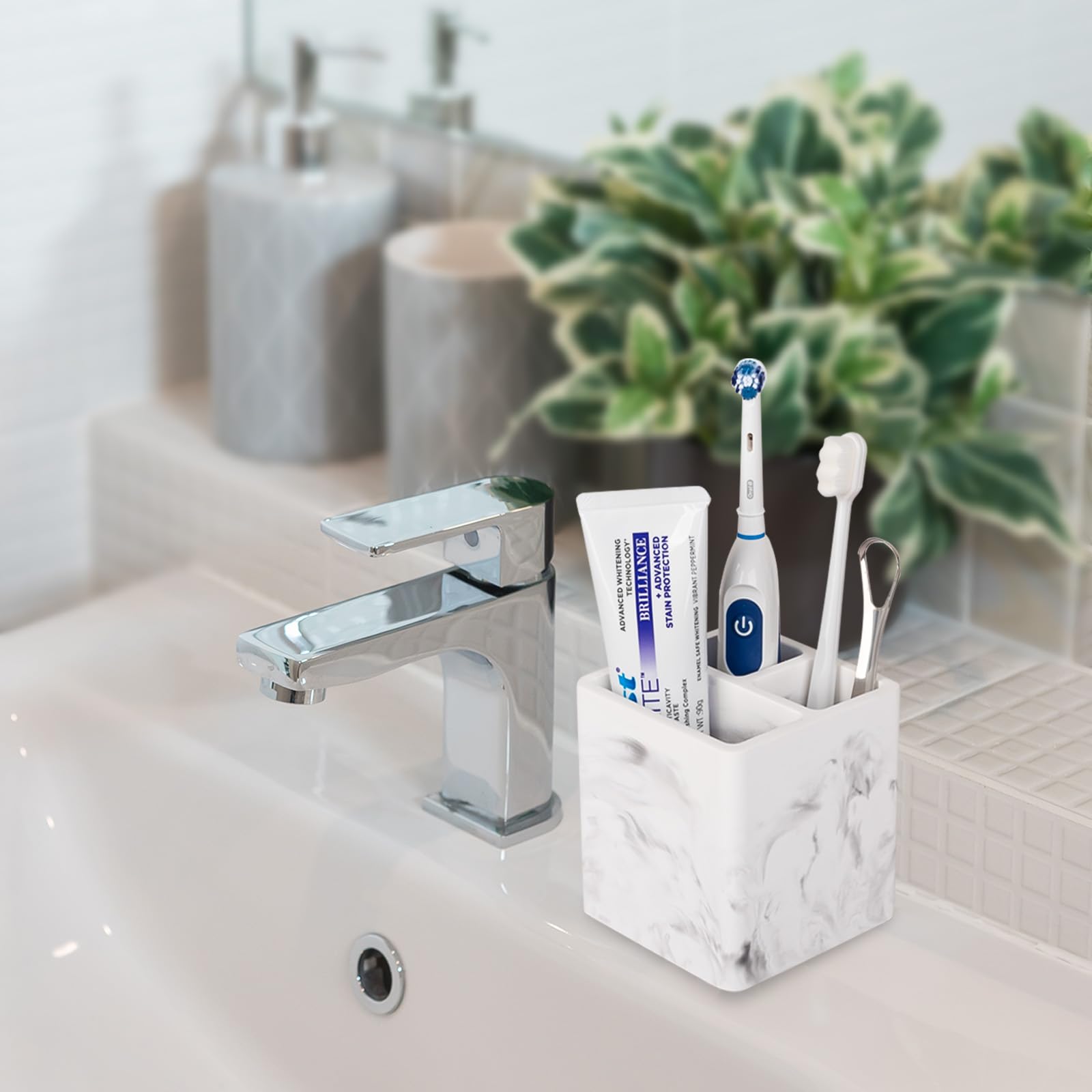 Diatomite Toothbrush Holder with 3 Slots - Electric Toothbrush & Toothpaste Organizer for Bathroom Countertop, Shower, Vanity - Marble White | Perfect for Modern Bathrooms & Spa-Like Showers