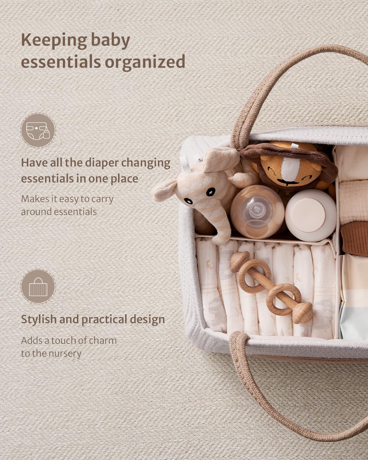 Blissful Diary Baby Diaper Caddy Organizer - Cotton Rope Storage Basket for Newborn Boys & Girls | Large Nursery Organizer for Diapers, Wipes & Baby Essentials | Perfect Baby Shower Gift & Newborn Must-Have in Earthy Rainbow Design | Ideal for Nursery, Bedroom & On-the-Go Parenting