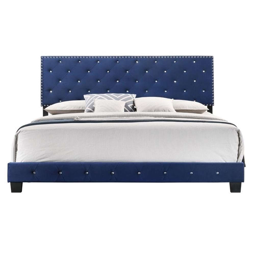 Luxury Navy Blue Velvet Upholstered King Size Bed Frame - Modern Tufted Headboard with Solid Wood Legs | Perfect for Master Bedroom, Guest Room & Hotel Decor