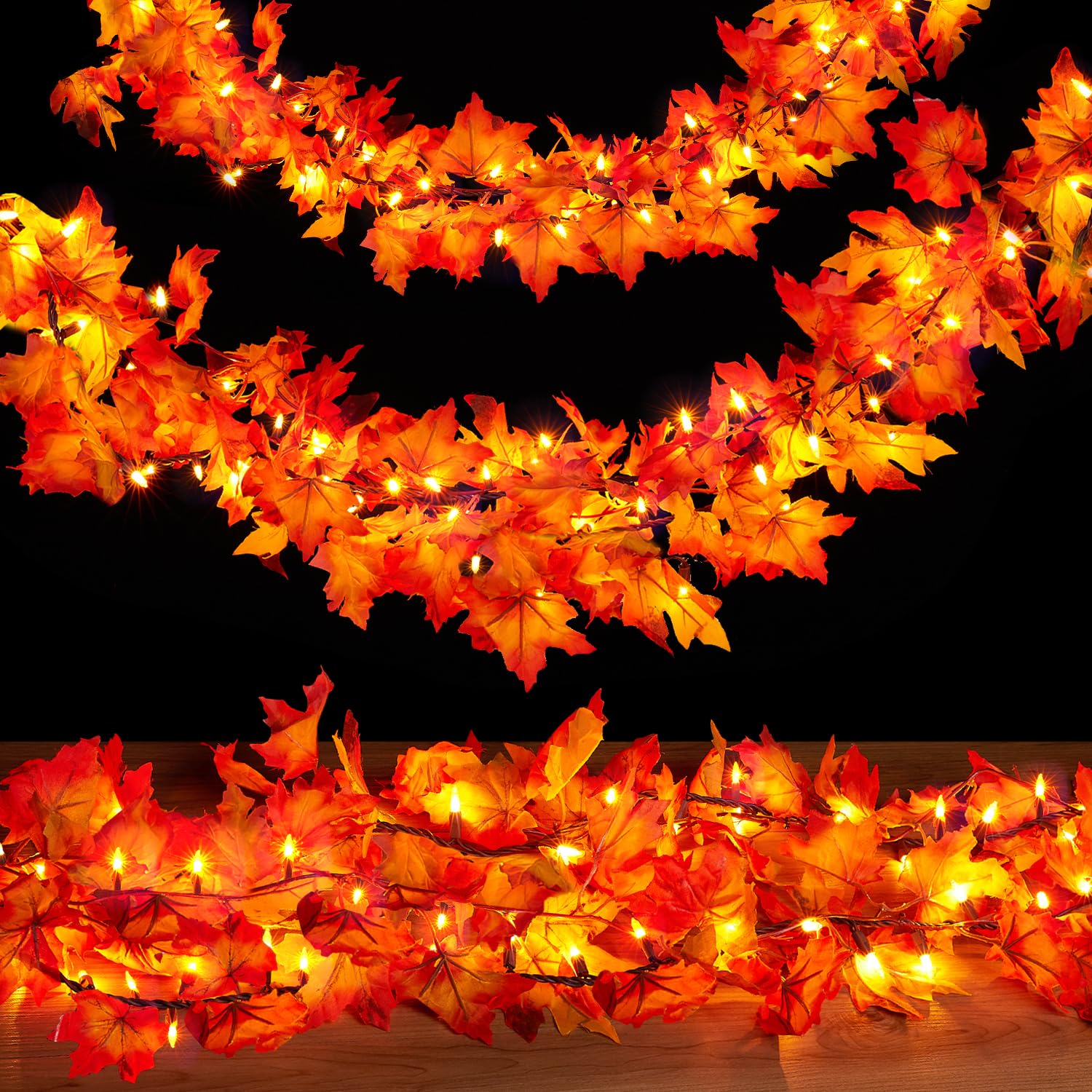9FT Plug-in Thanksgiving Lights - 50 Bulbs Maple Leaves Fall Garland for Indoor & Outdoor Decor | Connectable Autumn Lighting for Halloween, Thanksgiving, Holiday Parties & Seasonal Home Decorations