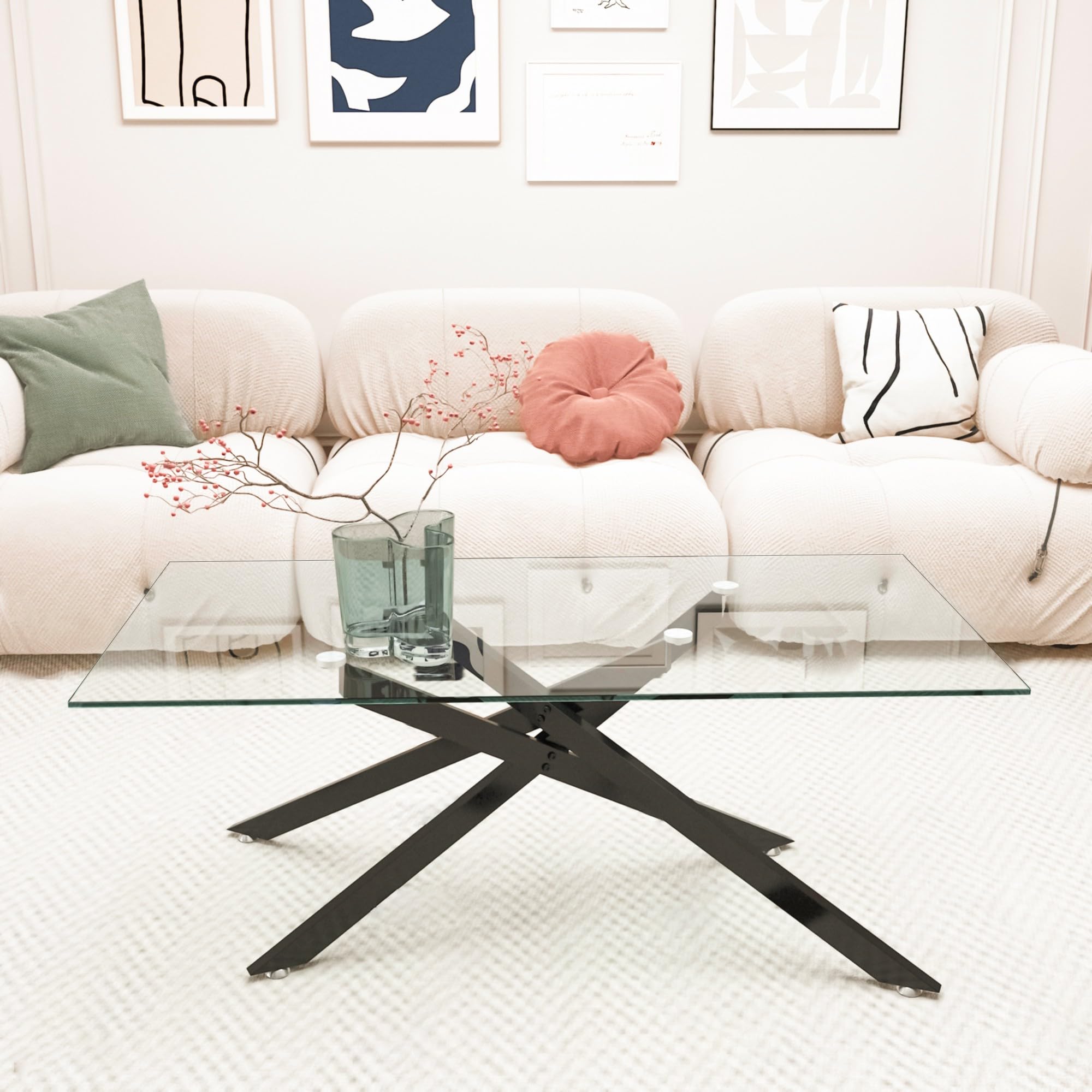 Modern IANIYA Rectangle Coffee Table with Tempered Glass Top & Sturdy Metal Legs - Black (39.37x23.62x18.11 Inch) - Perfect for Living Room, Office or Lounge Area