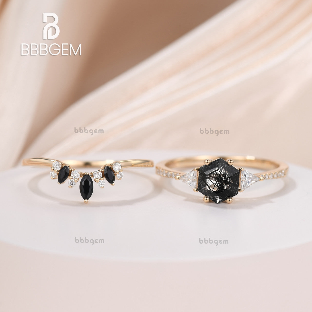 Three Stone Ring Set with Hexagon Cut Black Rutilated Quartz & Triangle Moissanite Side Stones in 18K Yellow Gold - Elegant Engagement, Wedding, or Anniversary Jewelry Gift