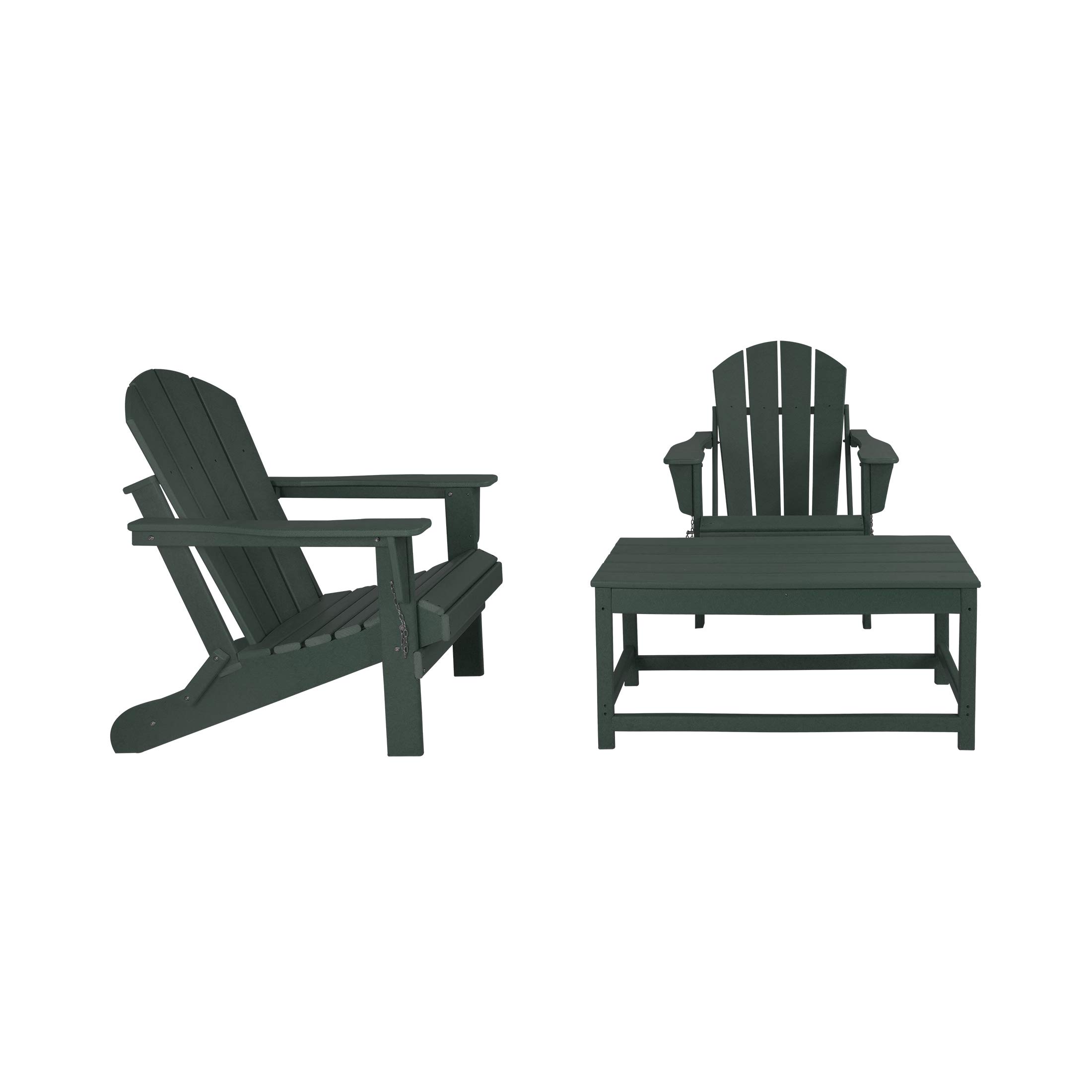 WO Home Furniture 3-Piece Adirondack Chair Set with Coffee Table - Outdoor Folding Chairs Weatherproof & UV Resistant for Lawn, Garden, Patio, Bonfire, Balcony (Dark Green) - Perfect for Backyard Relaxation & Outdoor Entertaining