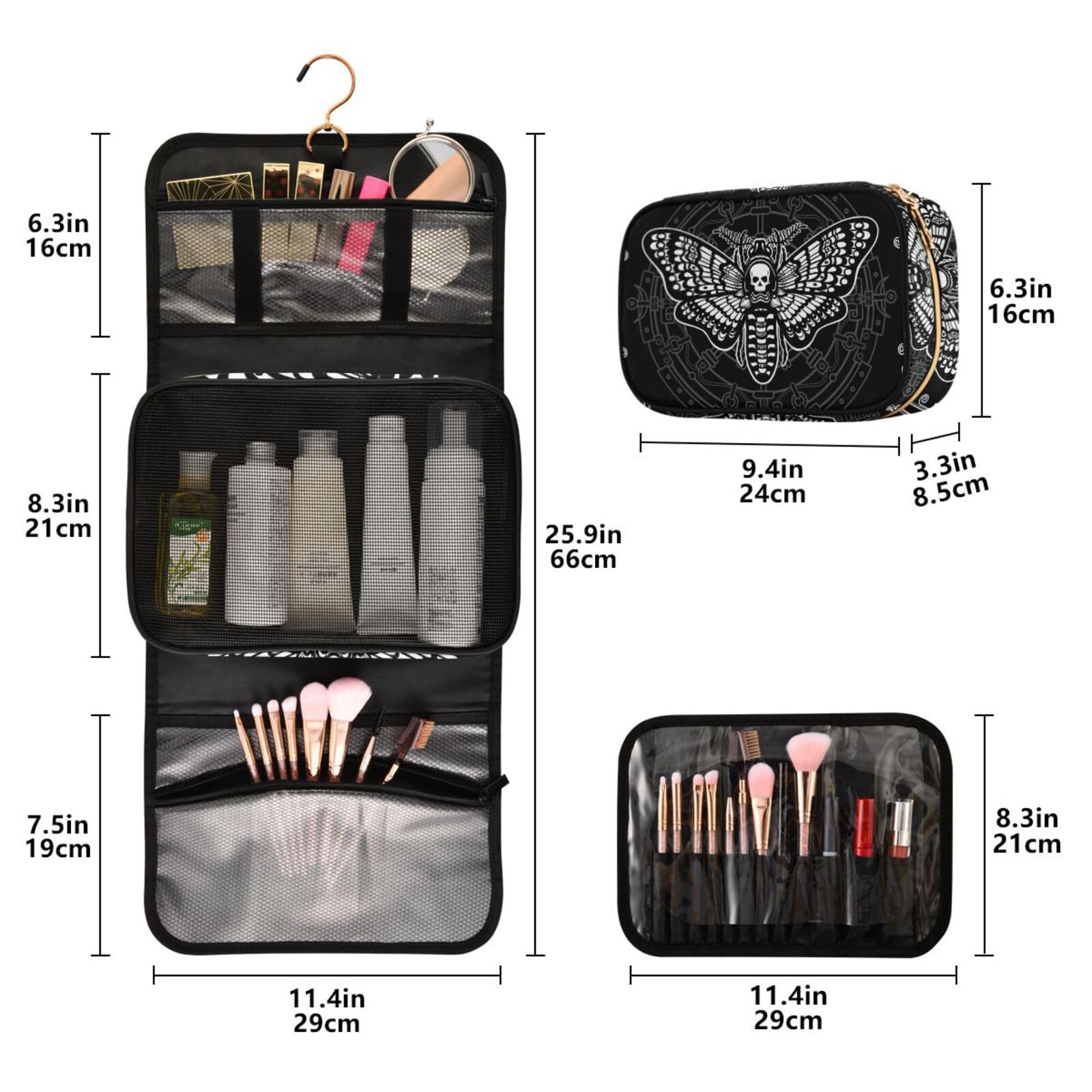 MNSRUU Hanging Travel Toiletry Bag Set - 3 Pack Clear Cosmetic Organizer with Moth & Butterfly Design | Portable Makeup Bag for Women, Men | Perfect for Vacation, Gym, Camping & Business Trips
