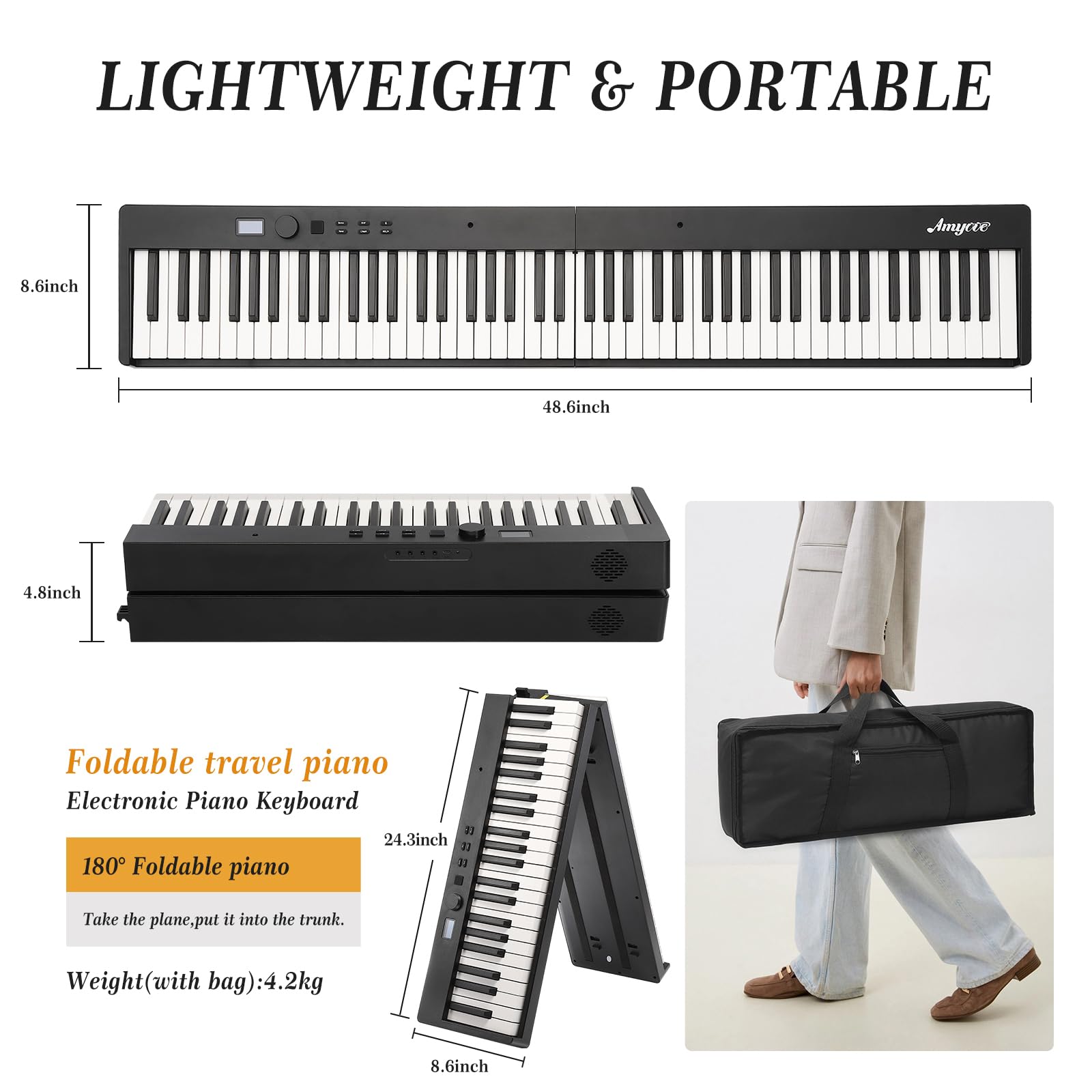 88-Key Portable Folding Digital Piano Keyboard - Semi-Weighted Keys with Bluetooth, USB MIDI & Sustain Pedal - Includes Headphones & Carrying Case - Perfect for Beginners, Kids & Traveling Musicians - Ideal for Home Practice, Music Lessons & On-the-Go Performances