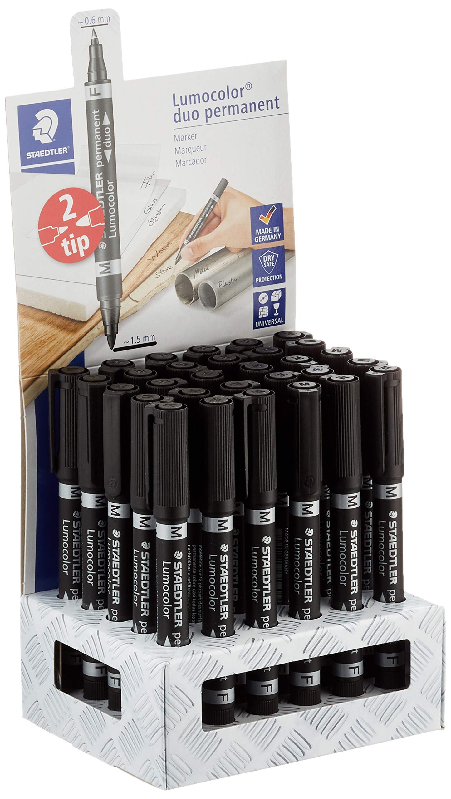 STAEDTLER Lumocolor 348-9 CA30 Dual Tip Permanent Marker Set - 30 Black Fine & Broad Tip Markers for Art, Office & Industrial Use - Waterproof & Fade-Resistant for Whiteboards, Glass & Metal Surfaces