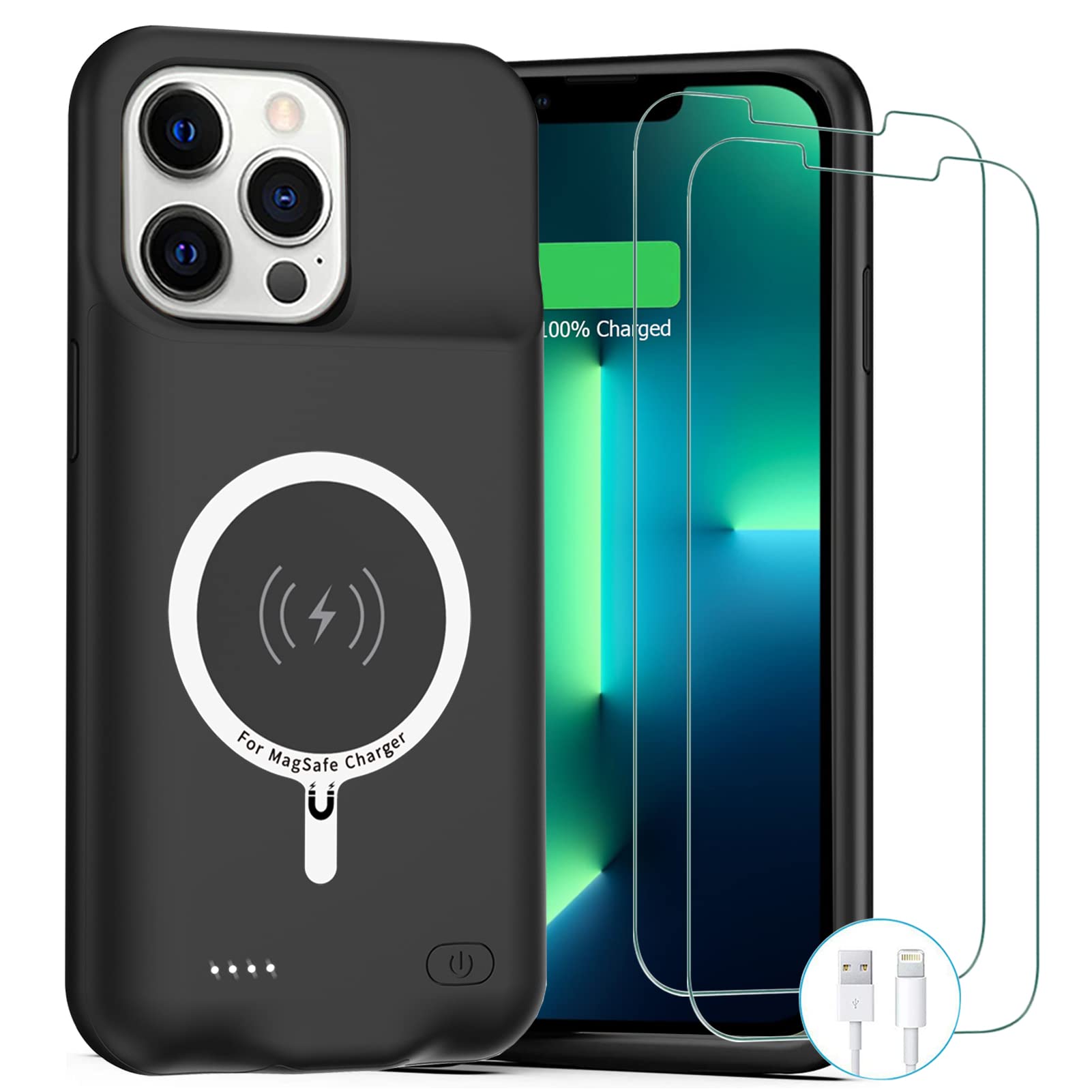 10800mAh Wireless Charging Battery Case for iPhone 13 Pro Max (6.7 inch) - Rechargeable Portable Power Bank with CarPlay Support | Perfect for Travel, Work & Emergency Charging (Black)