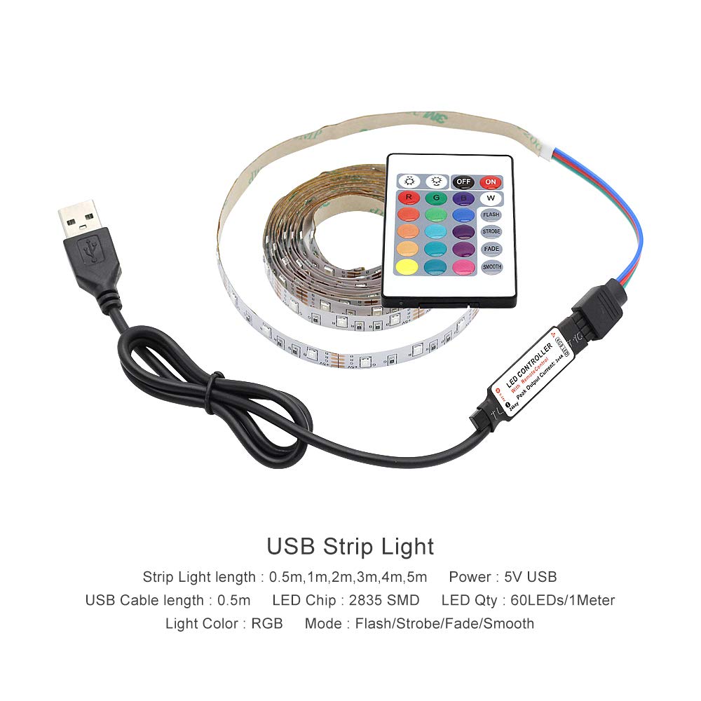 5M DC5V RGB LED Strip Lights with Remote Control - 24 Key USB Waterproof Flexible Tape Light (60 LEDs/m) for TV Backlight, Room Decor, Landscape & Street Lighting - Indoor/Outdoor Use
