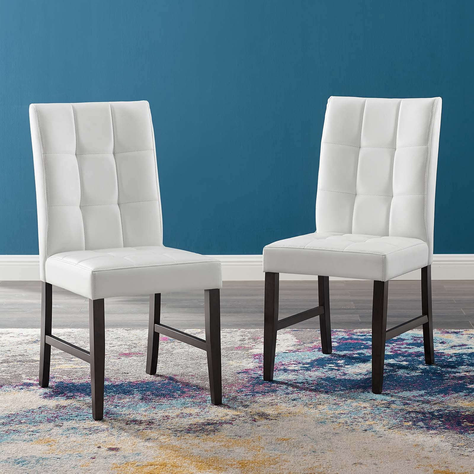Tufted Side Dining Chairs Set of 2 - Faux Leather Upholstery with Wooden Legs - Modern White Cafe Bistro Chairs for Restaurant, Kitchen, Dining Room & Home Decor