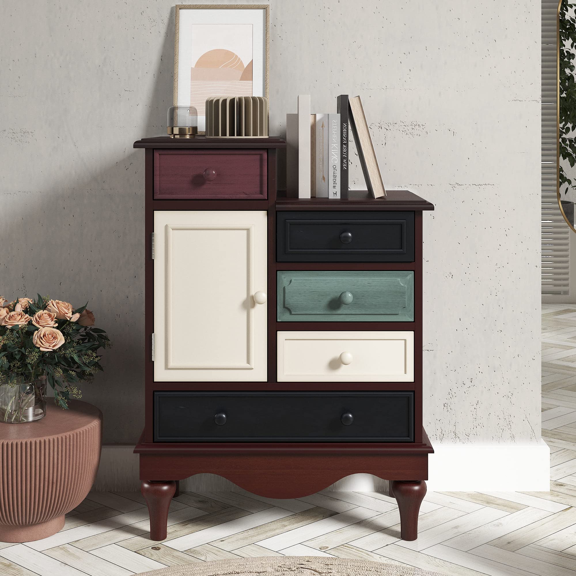 Vintage 5-Drawer Nightstand with Storage Cabinet - Classic Brown Retro Side Table for Bedroom, Living Room & Hallway - Elegant Legs & Stylish Functionality | Perfect for Home Décor, Guest Rooms & Small Spaces
