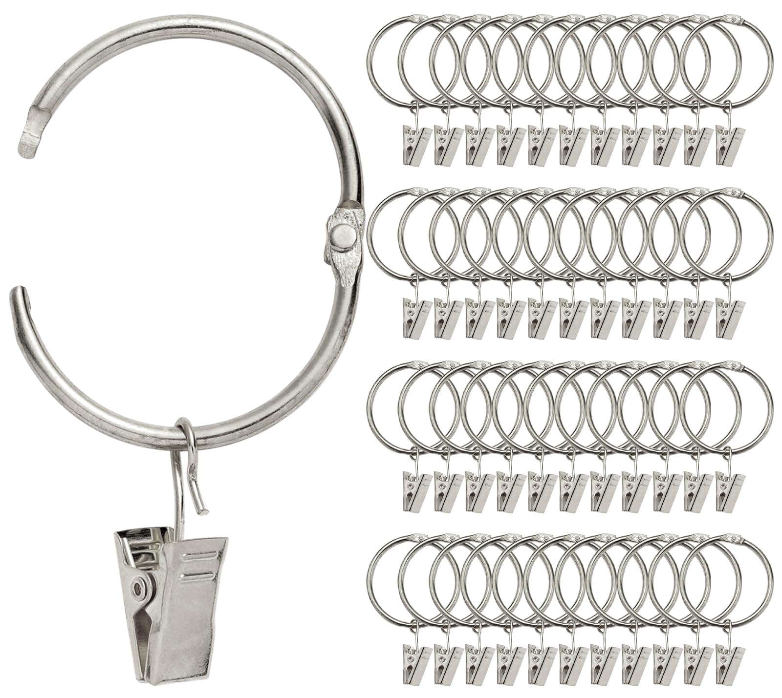 40 Pack Rustproof Metal Curtain Rings with Hooks - 1.5 Inch Inner Diameter Silver Vintage Drapery Clips for Heavy Duty Window Treatments, Perfect for Living Room, Bedroom & Dorm Decor