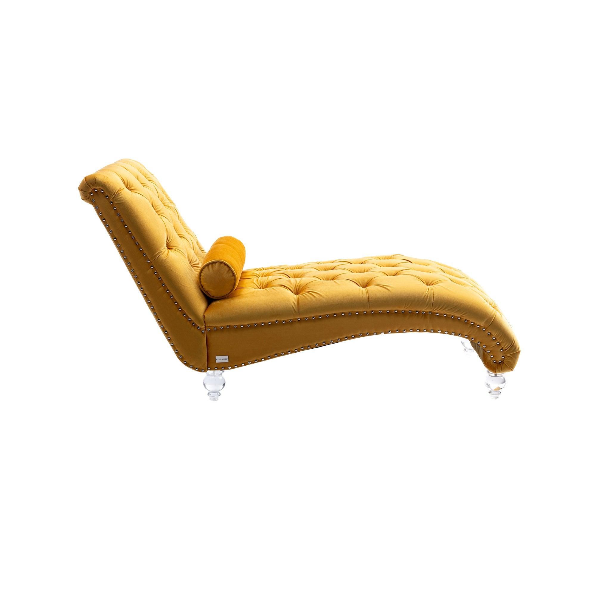 COOMORE Velvet Chaise Lounge Chair - Button Tufted Upholstered Sofa with Pillow, Mustard Velvet for Bedroom, Living Room & Office | Perfect for Reading Nook, Lounge Area & Home Decor