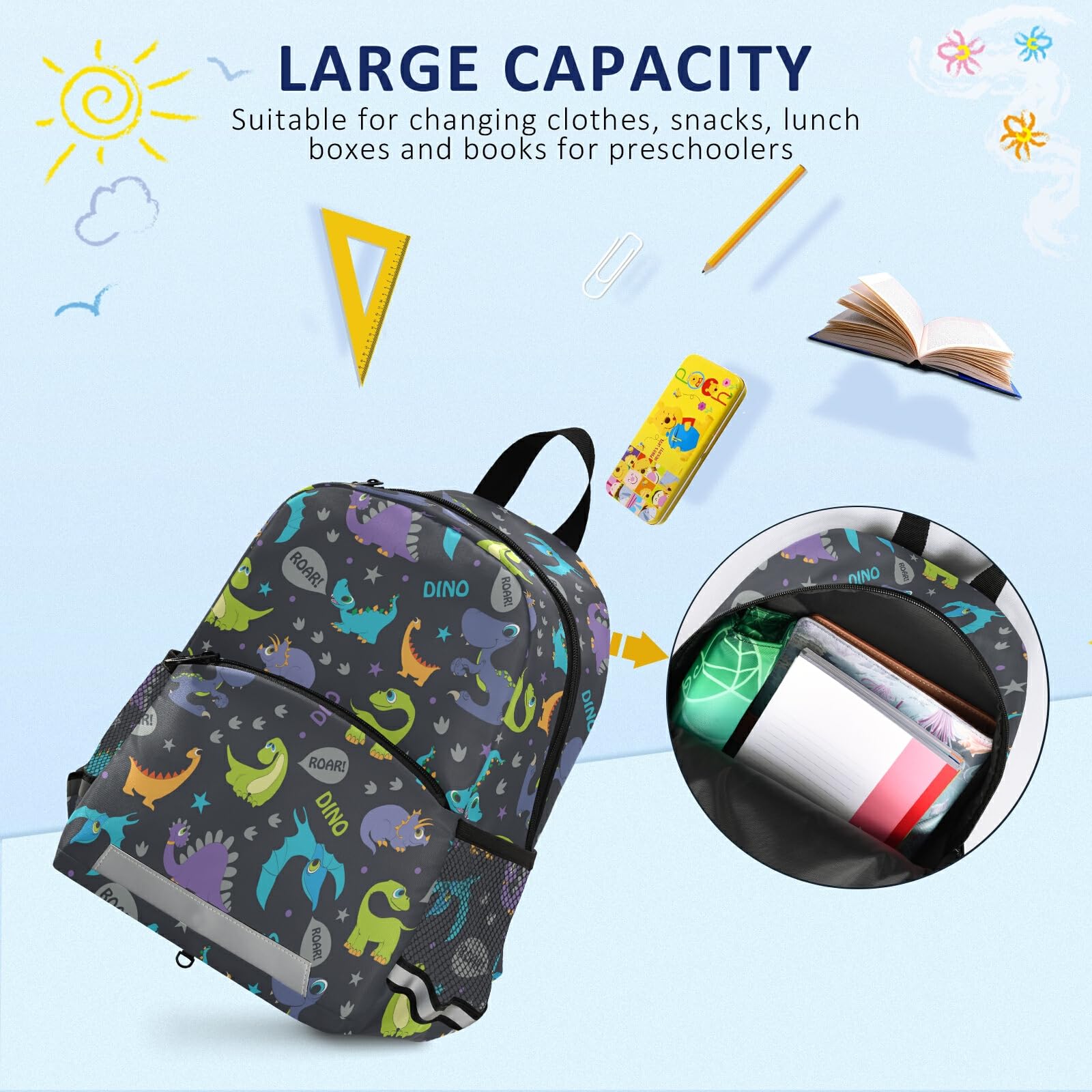 Dinosaur Kids Backpack for Boys & Girls - Cute Cartoon Toddler Hiking Backpack with Chest Strap | School, Preschool, Travel & Outdoor Adventure Backpack for Children