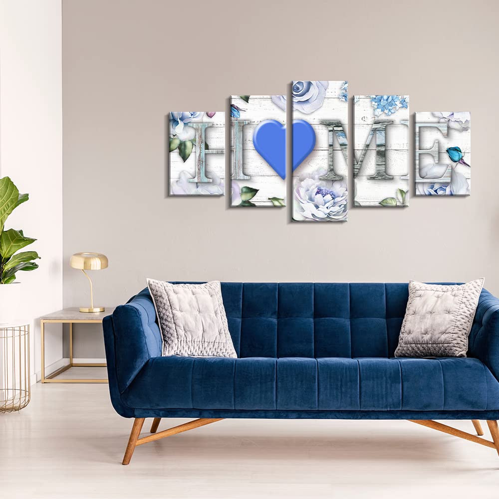 Pinetree Art Home Sign Canvas Wall Art - Modern Abstract Floral Framed Print for Living Room, Bedroom, Office Decor - Blue 80