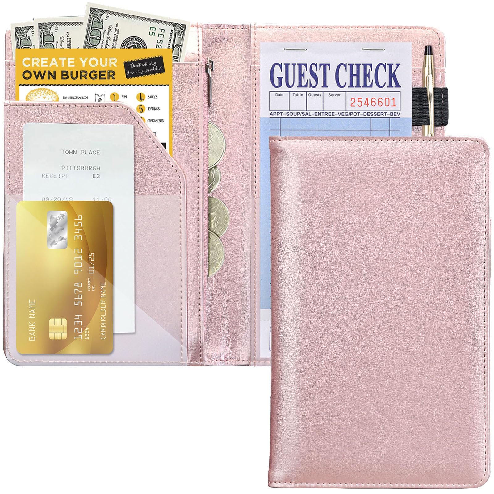 Cute Server Book with Zipper Pocket for Waitress - Rose Gold Organizer for Notes & Tips